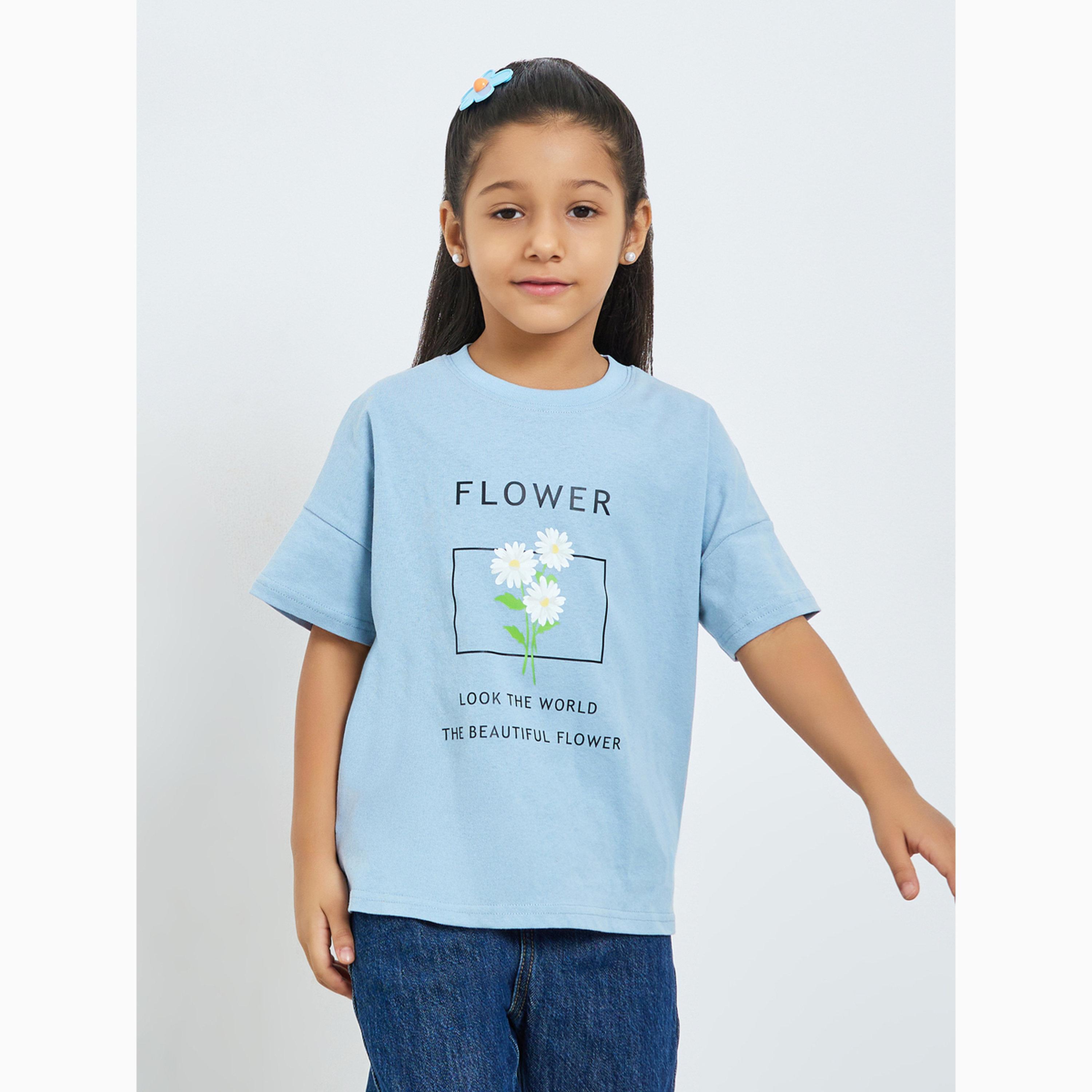 Take Two Girls Blue Cotton Graphic Print Oversized T-Shirt-girls-clothing-tshirts-image-1