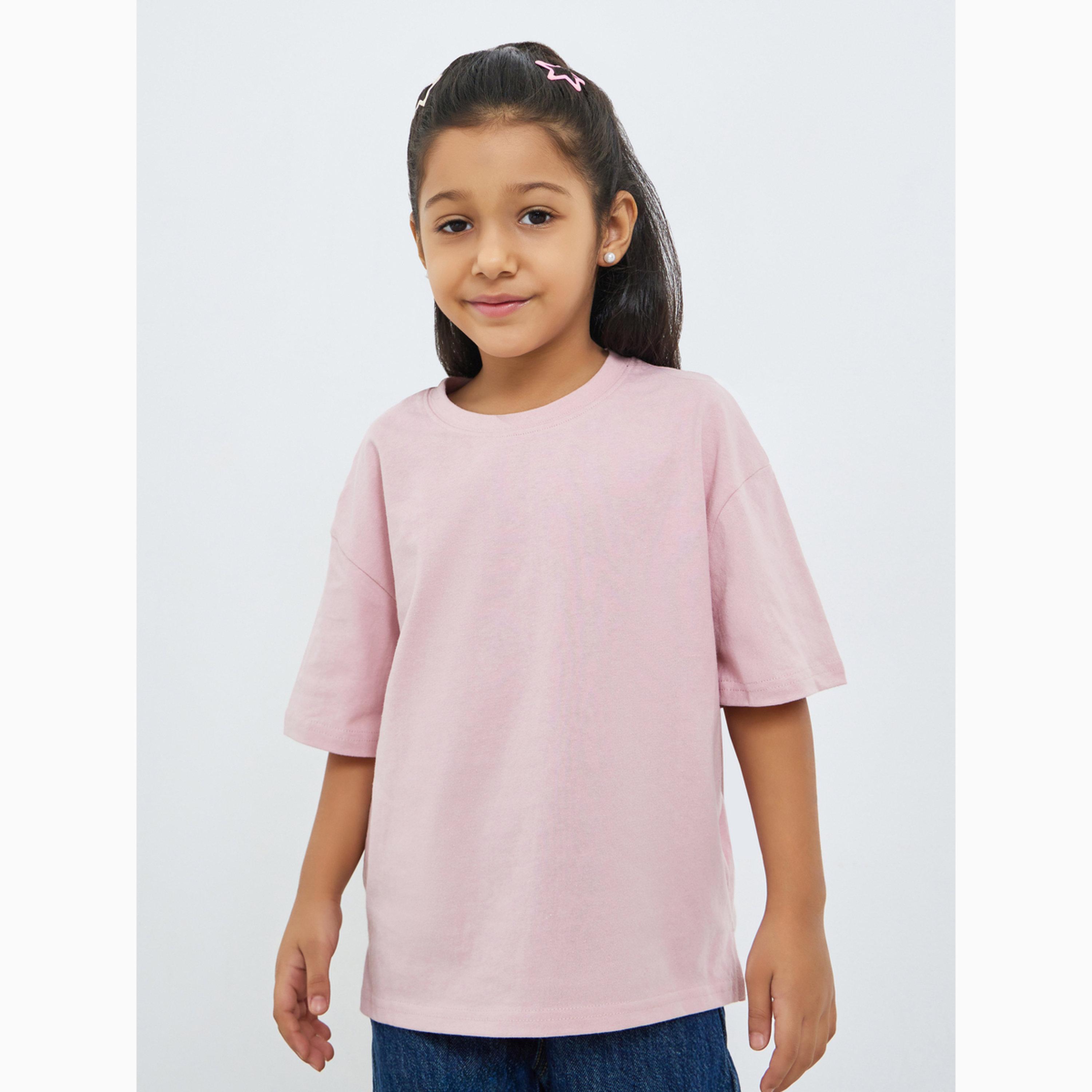 Take Two Girls Pink Cotton Graphic Print Oversized T-Shirt-girls-clothing-tshirts-image-1