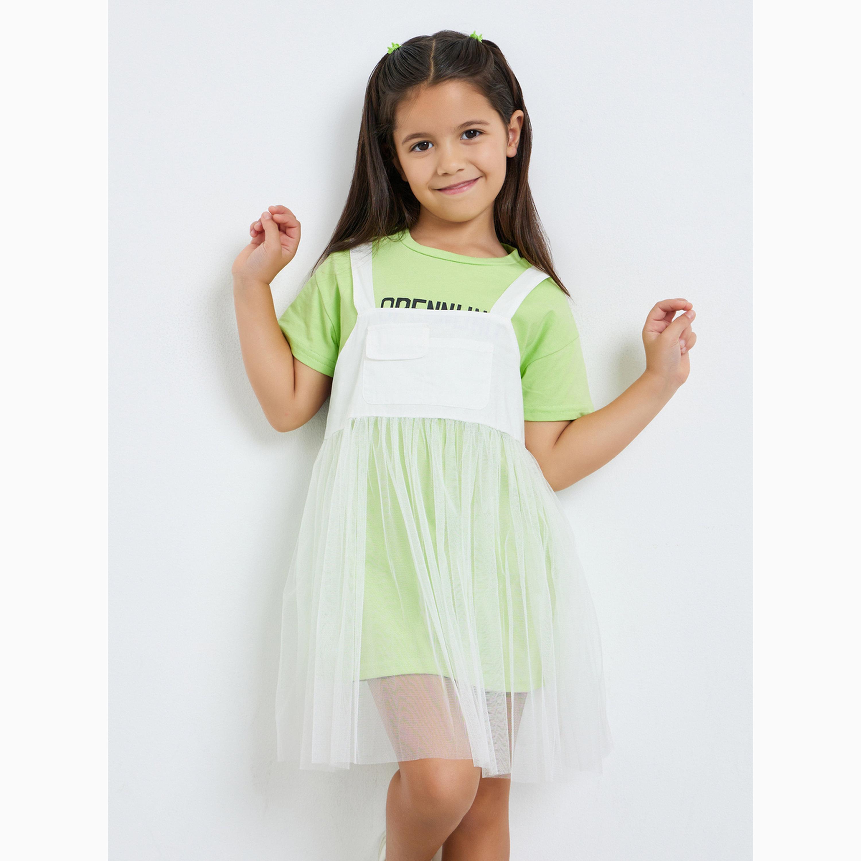 Take Two Girls Text Print Round Neck T-Shirt and Solid Mesh Cami Dress Set-girls-clothing-setsandcoords-image-1