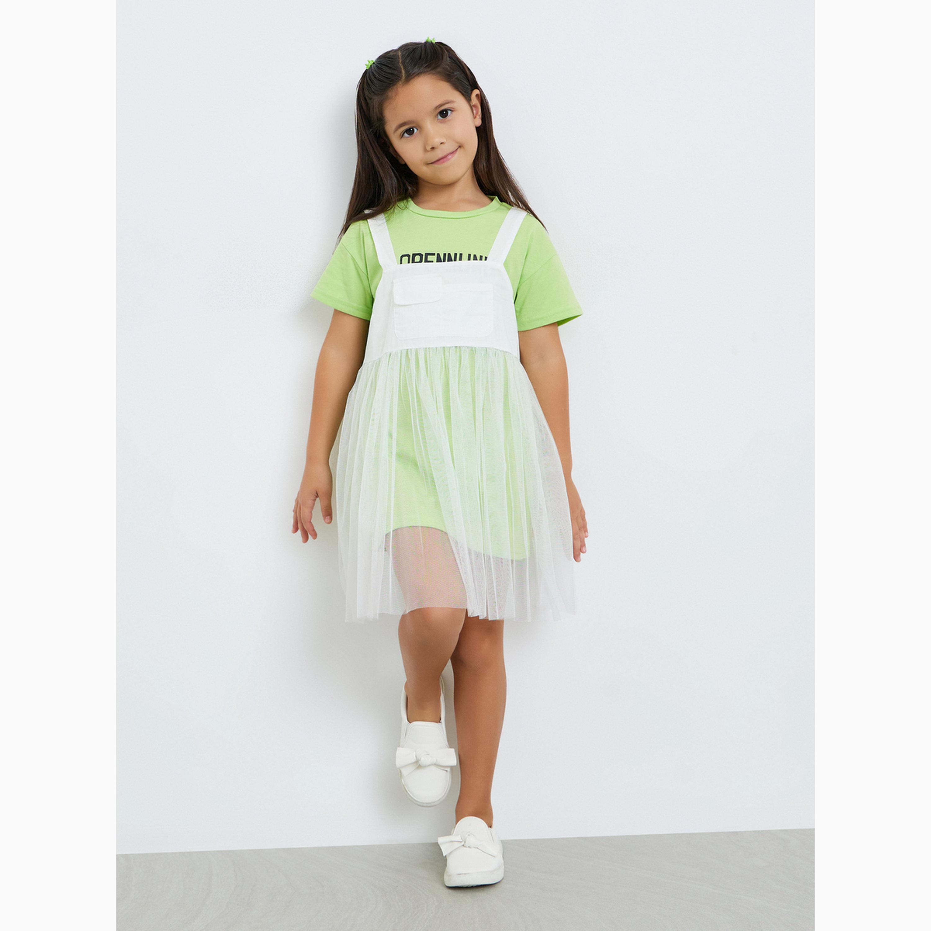 Take Two Girls Text Print Round Neck T-Shirt and Solid Mesh Cami Dress Set-girls-clothing-setsandcoords-image-2