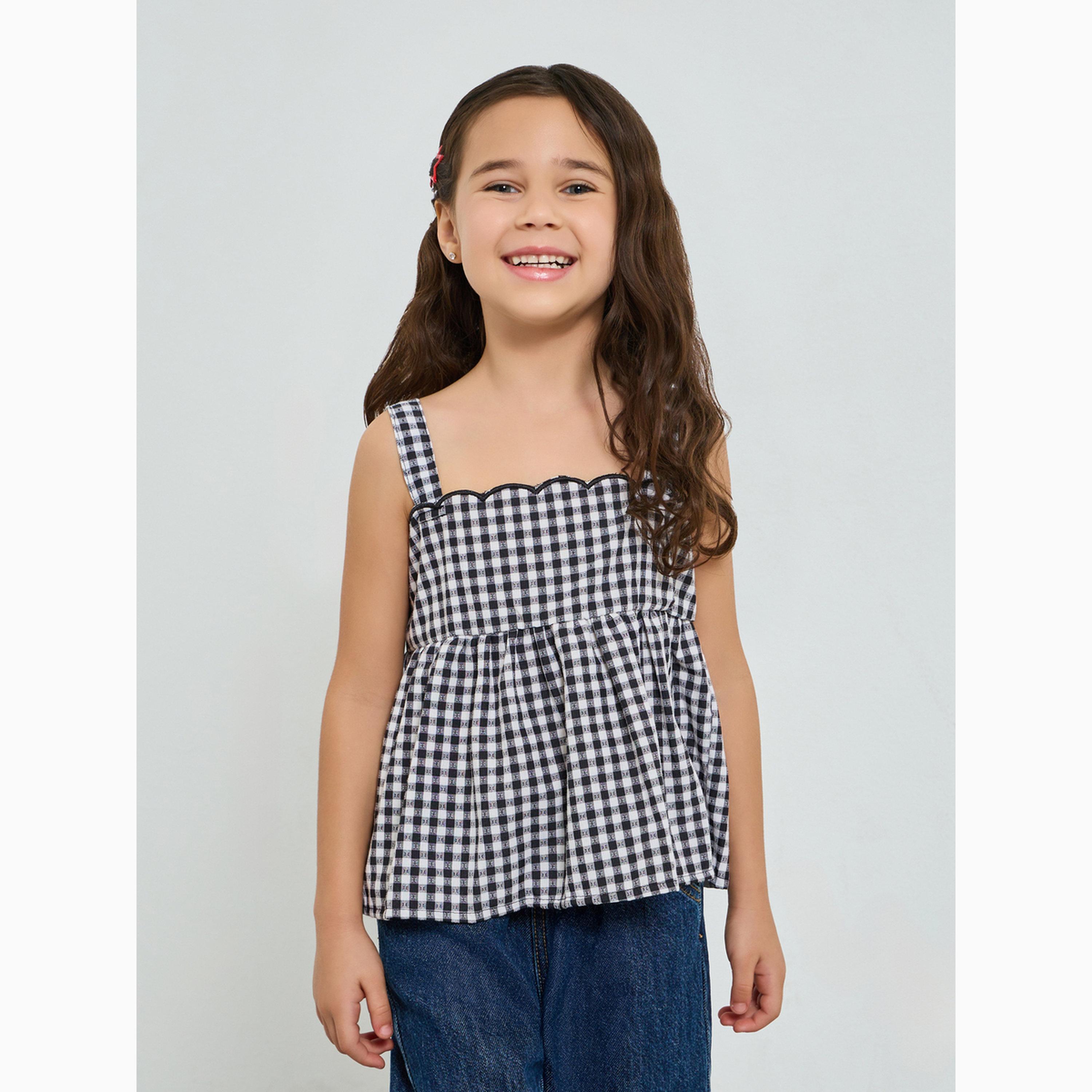 بلوزة بلا أكمام بياقة مربعة ونمط مربعات-girls-clothing-blousesandshirts-image-4