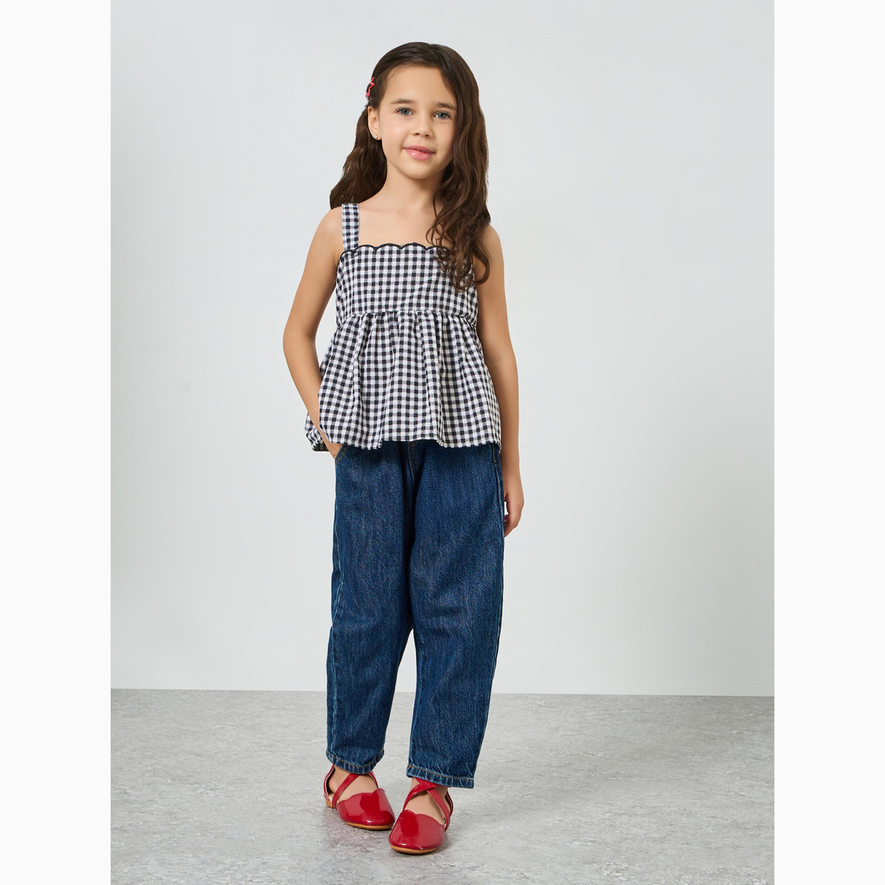 بلوزة بلا أكمام بياقة مربعة ونمط مربعات-girls-clothing-blousesandshirts-image-3
