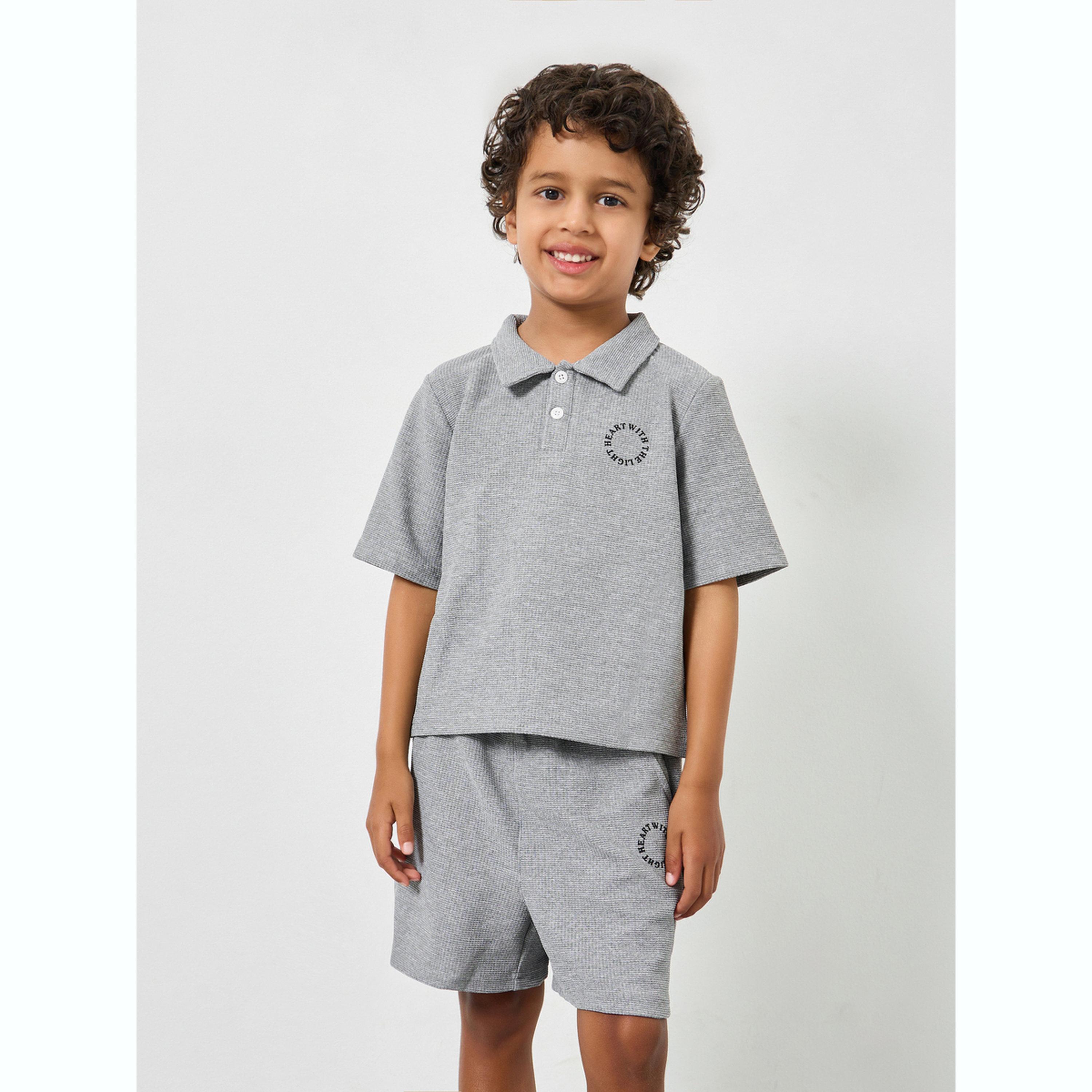 Take Two Boys Text Print Textured Polo and Shorts Set-boys-clothing-setsandcoords-image-1