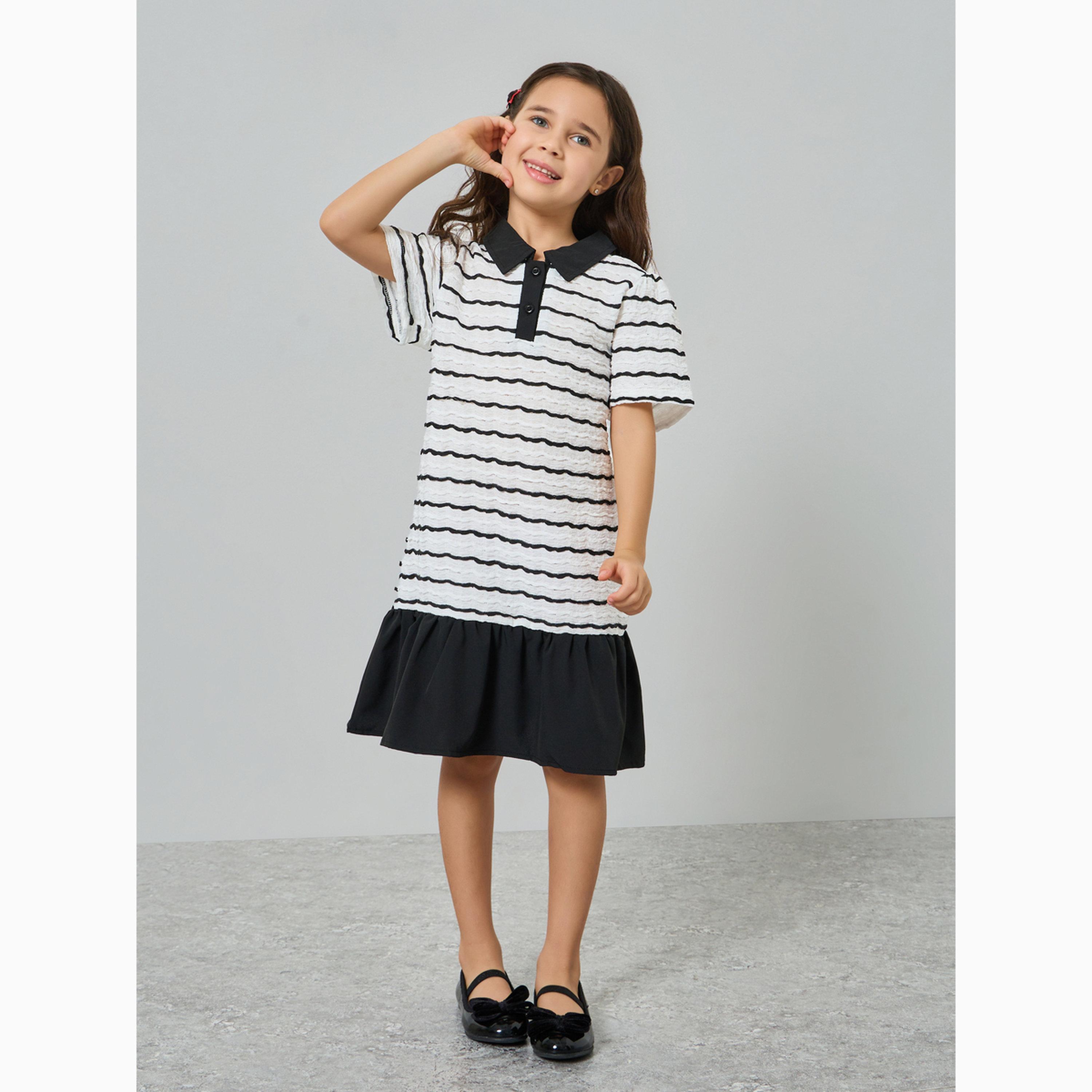 فستان مخطط بياقة وحافة كشكش-girls-clothing-dressesandjumpsuits-image-2