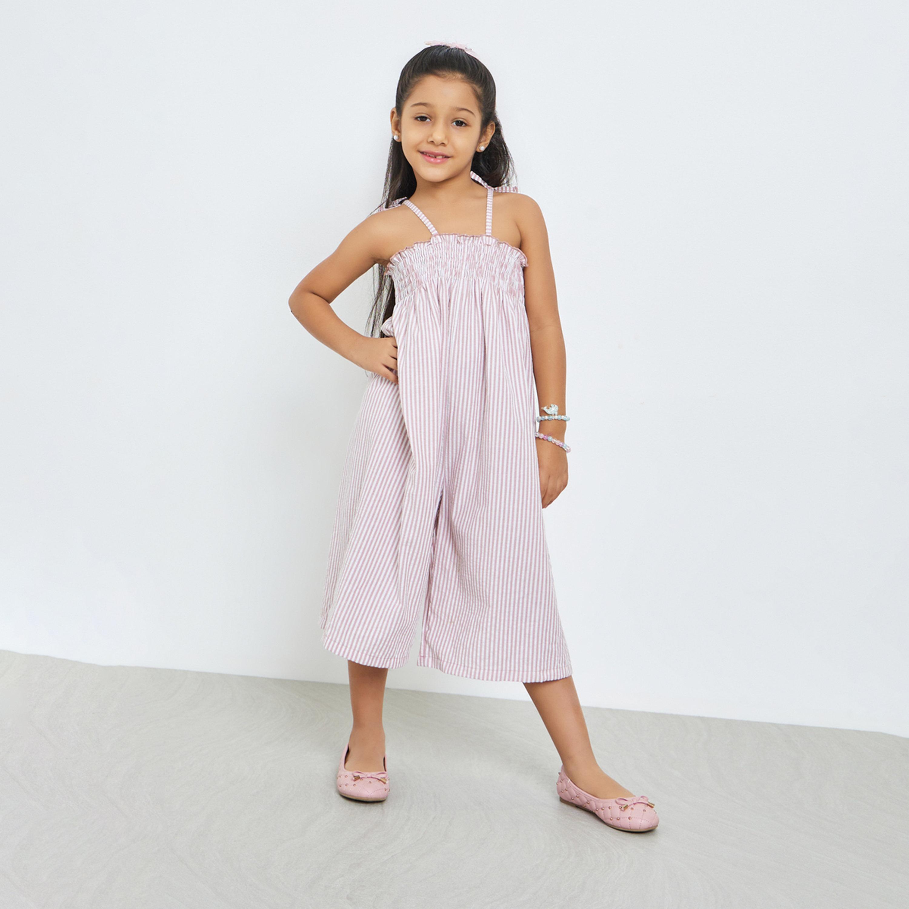 جمبسوت للبنات بأرجل واسعة وتفاصيل مزمومة ومخطط-girls-clothing-dressesandjumpsuits-image-1