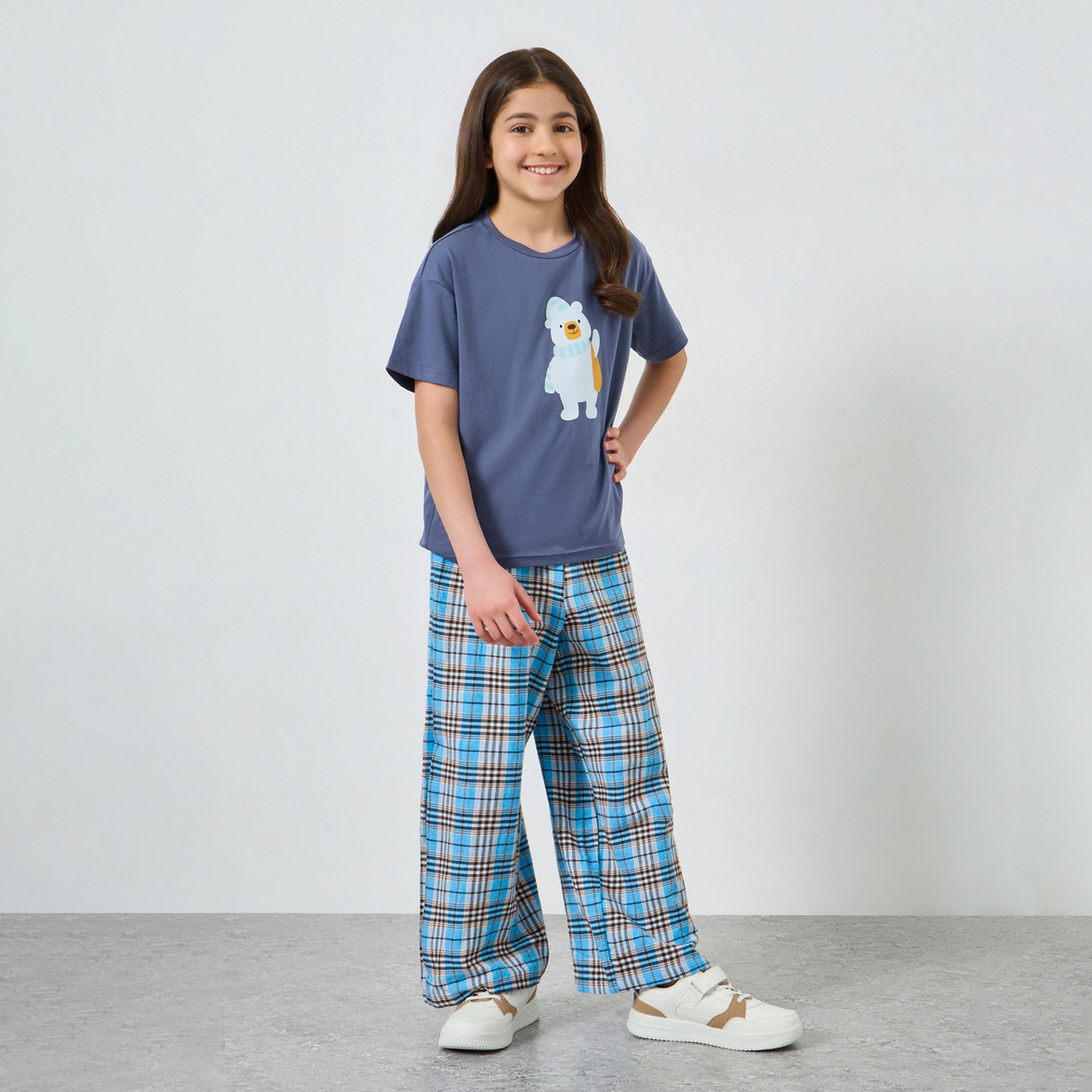 مجموعة من بنطال كاروهات وتيشيرت مطبوع-girls-clothing-setsandcoords-image-1