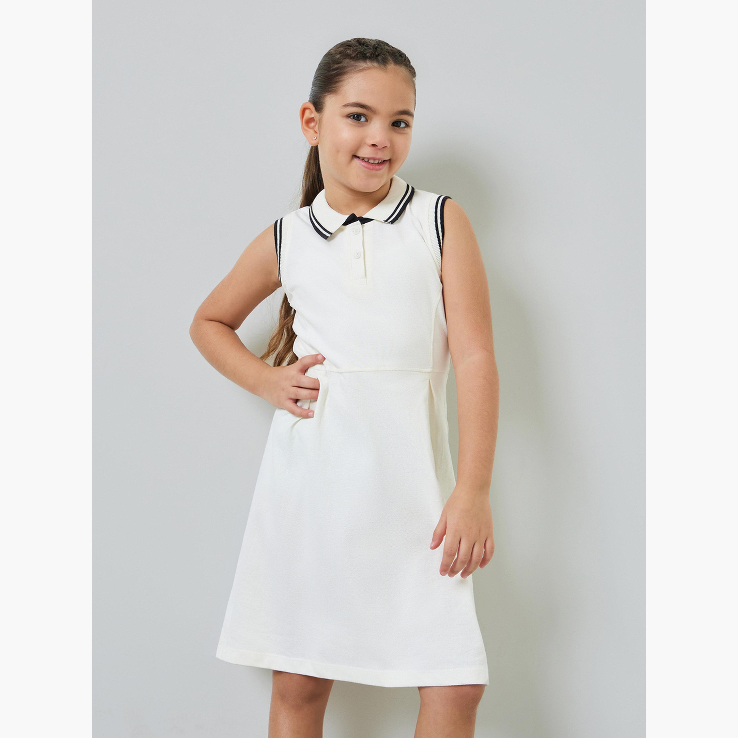 ستايلي - فستان تيشيرت بولو أبيض للبنات بتفاصيل أنيقة-girls-clothing-dressesandjumpsuits-image-1