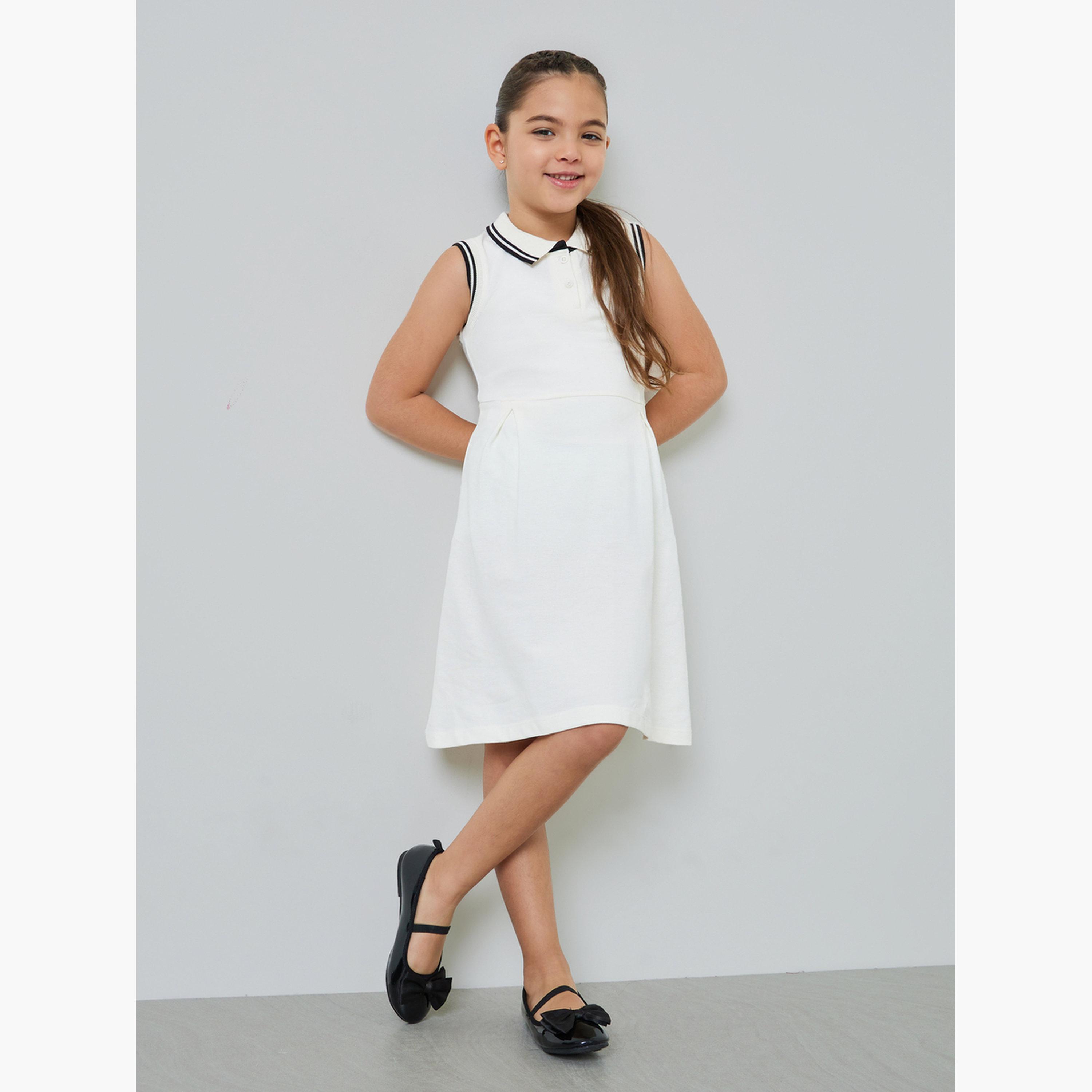ستايلي - فستان تيشيرت بولو أبيض للبنات بتفاصيل أنيقة-girls-clothing-dressesandjumpsuits-image-2