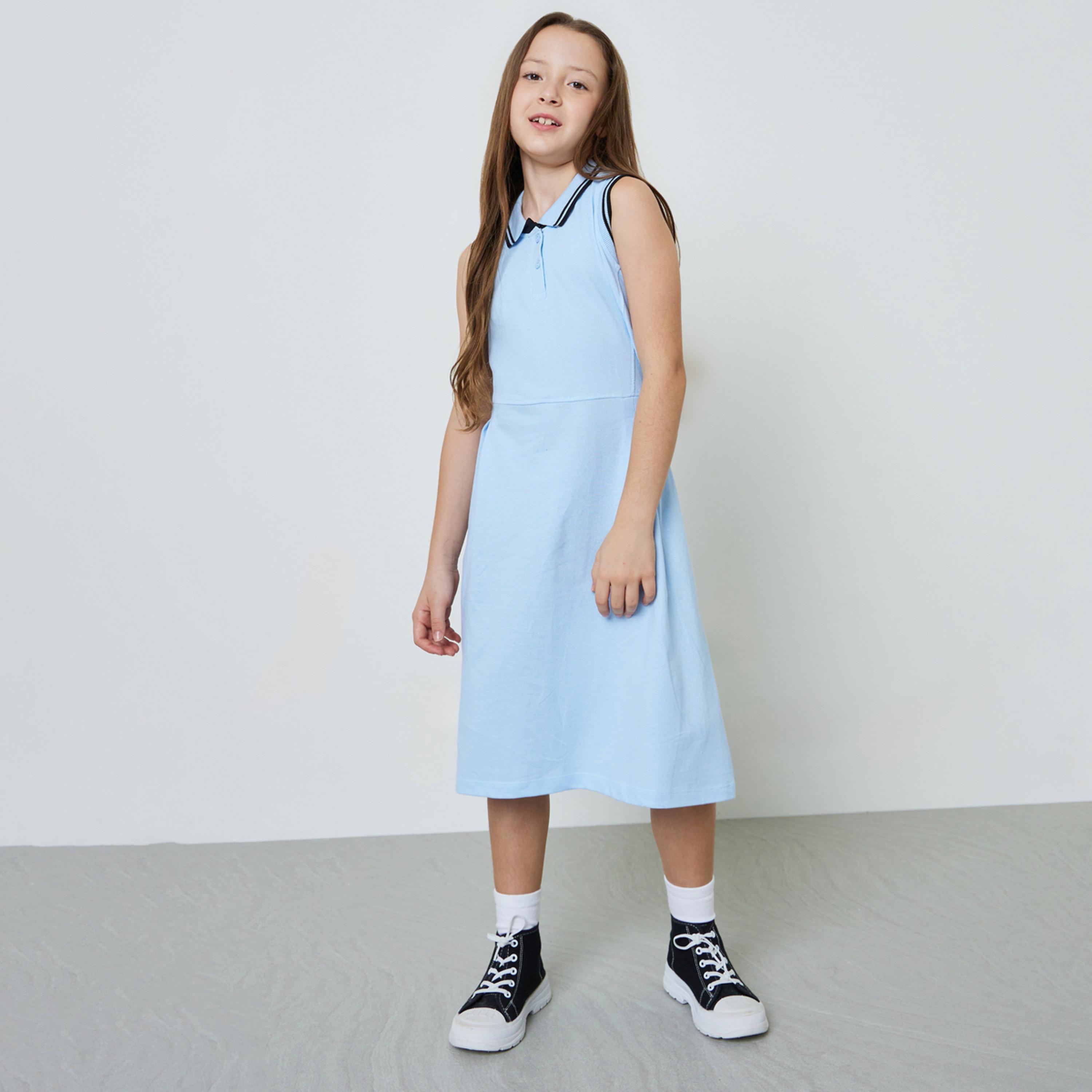 فستان بولو دون أكمام بأطراف مضلعة مُتباينة للبنات-girls-clothing-dressesandjumpsuits-image-1