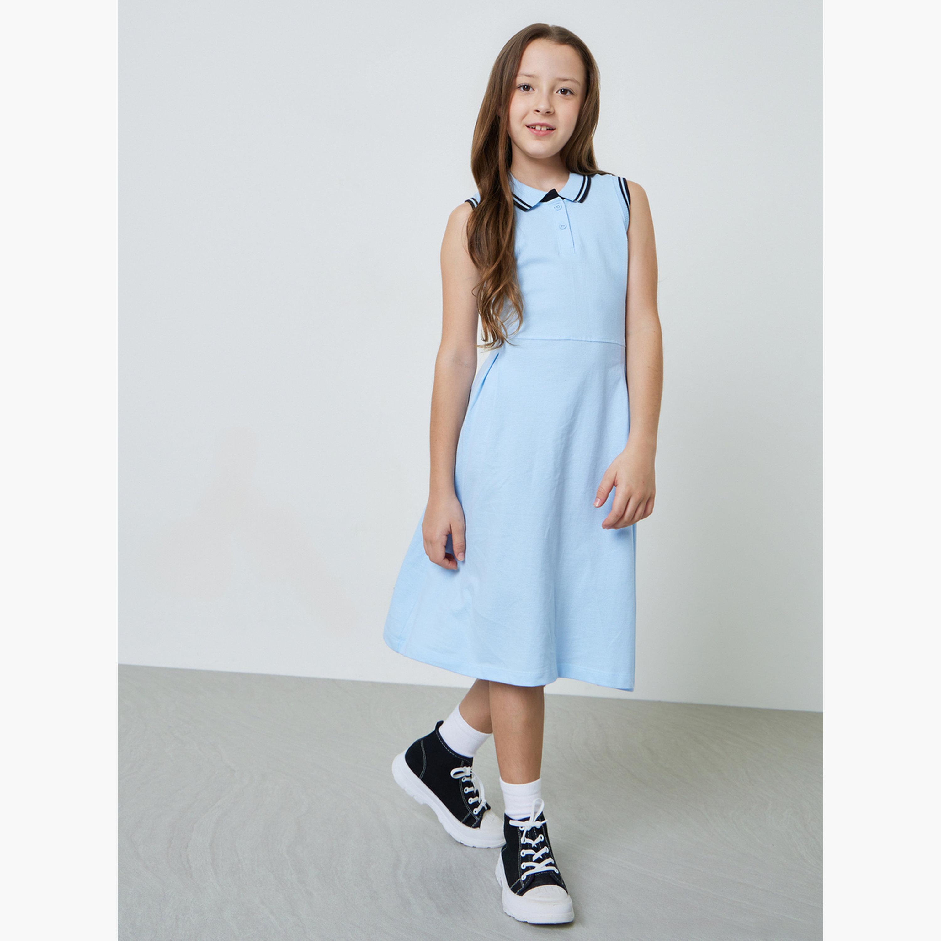 فستان بولو دون أكمام بأطراف مضلعة مُتباينة للبنات-girls-clothing-dressesandjumpsuits-image-2