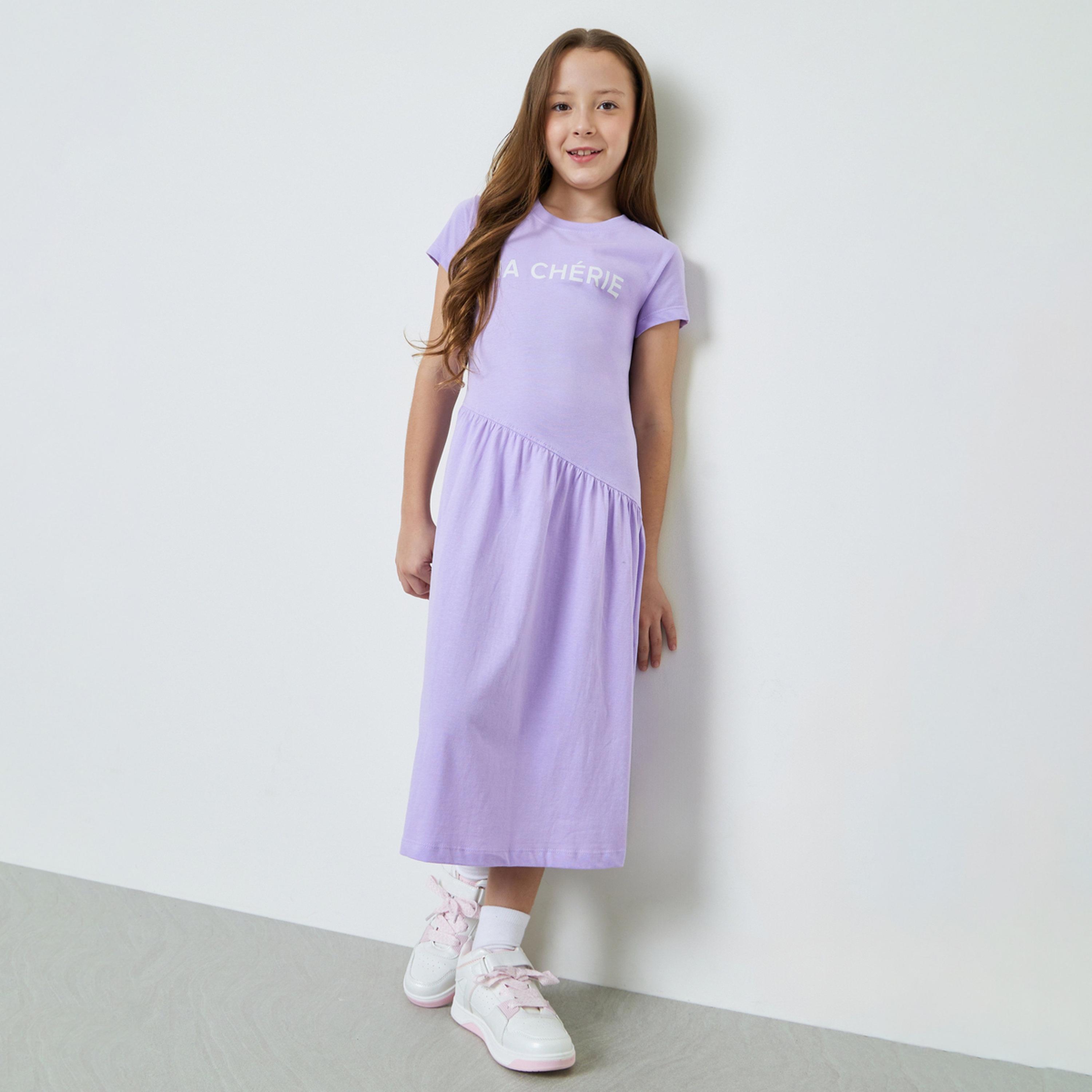 فستان تيشيرت قطن بياقة دائرية وأكمام قصيرة-girls-clothing-dressesandjumpsuits-image-1