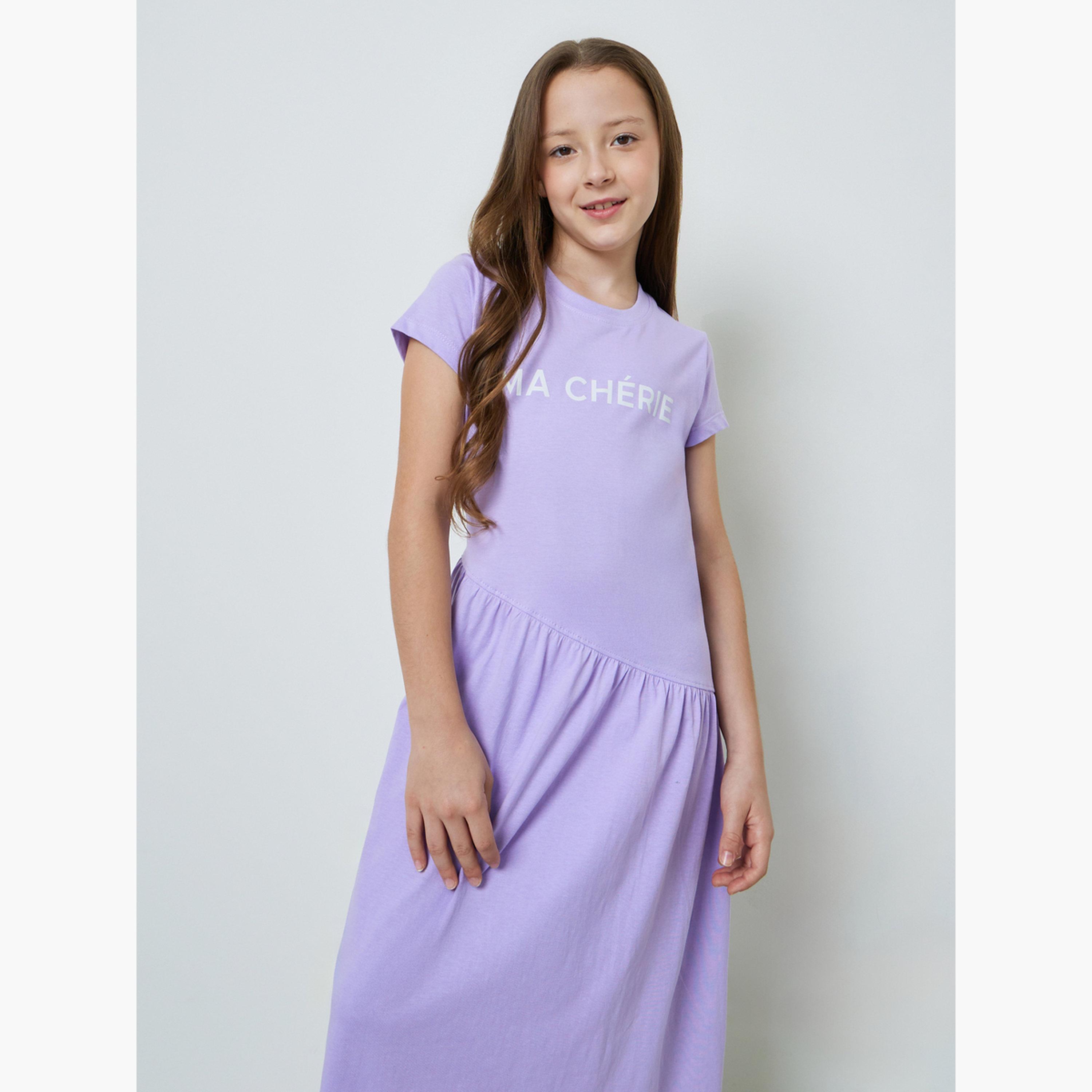 فستان تيشيرت قطن بياقة دائرية وأكمام قصيرة-girls-clothing-dressesandjumpsuits-image-2