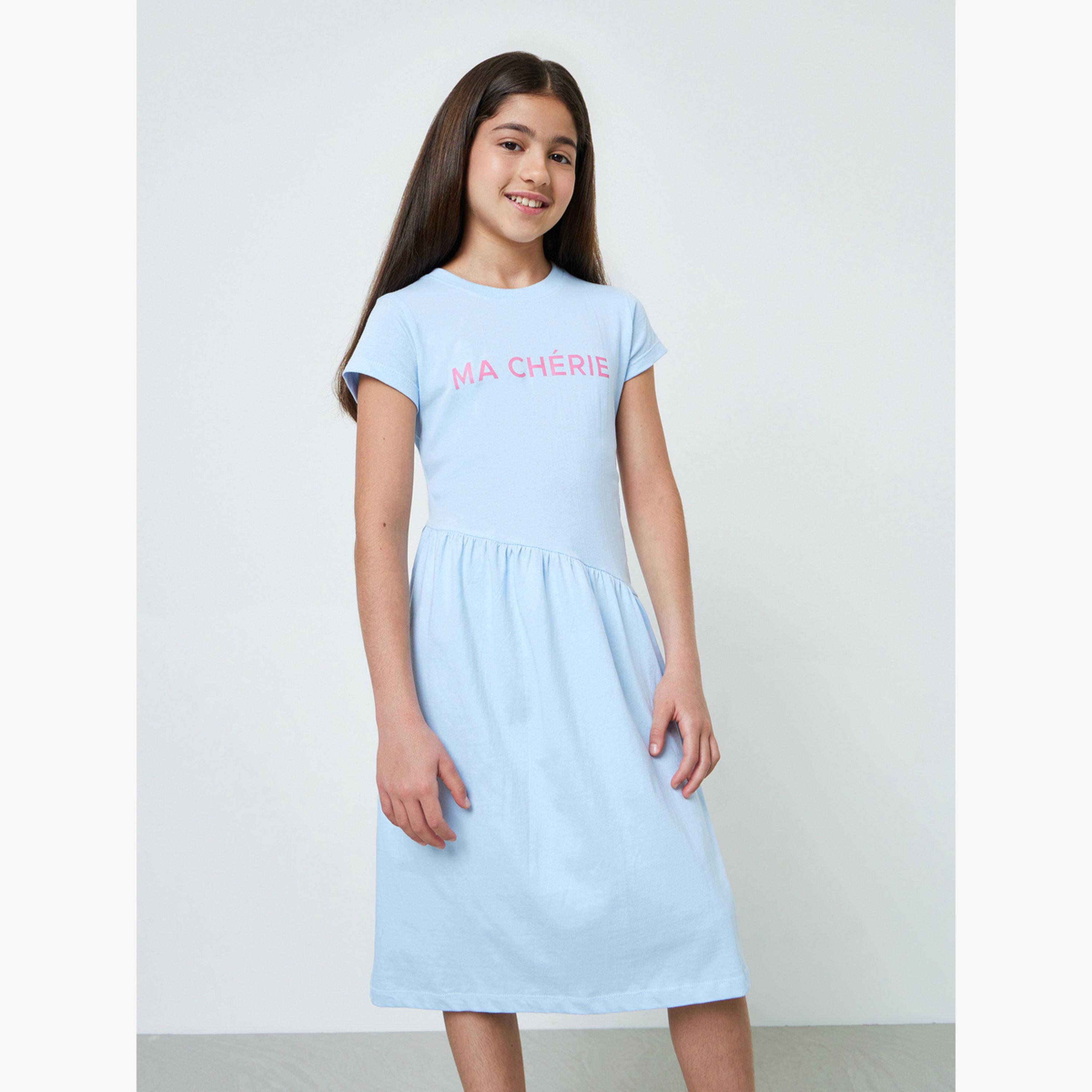 فستان تيشيرت قطن بياقة دائرية وأكمام قصيرة-girls-clothing-dressesandjumpsuits-image-1