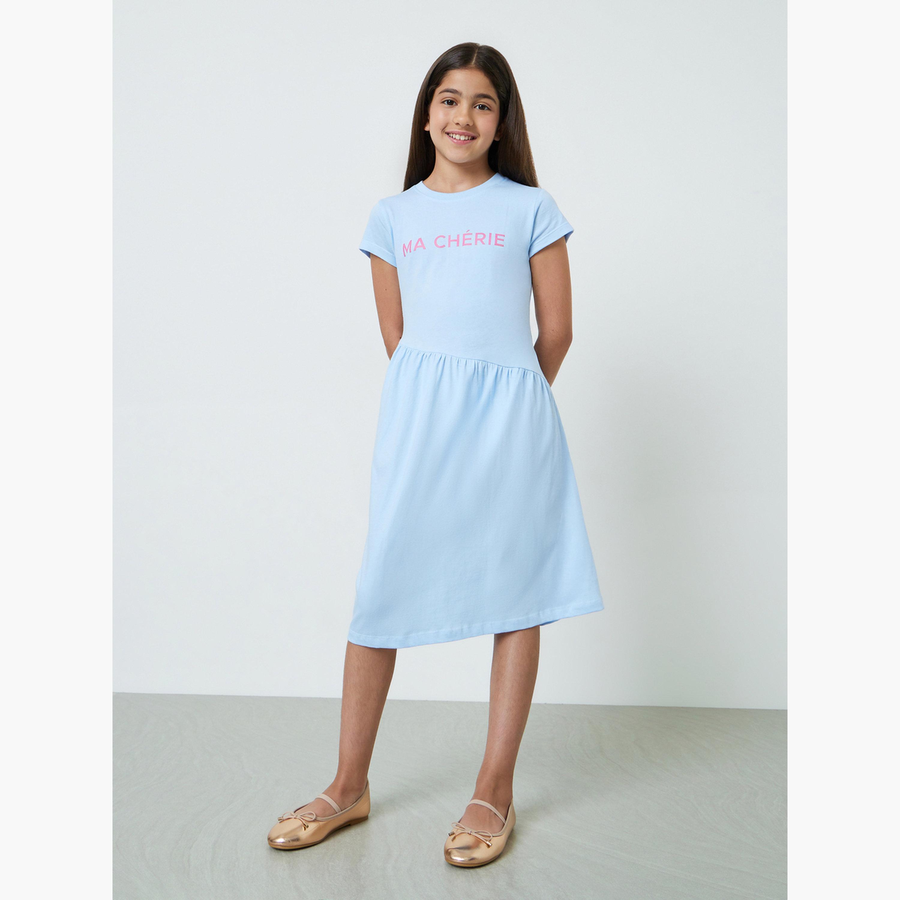 فستان تيشيرت قطن بياقة دائرية وأكمام قصيرة-girls-clothing-dressesandjumpsuits-image-2