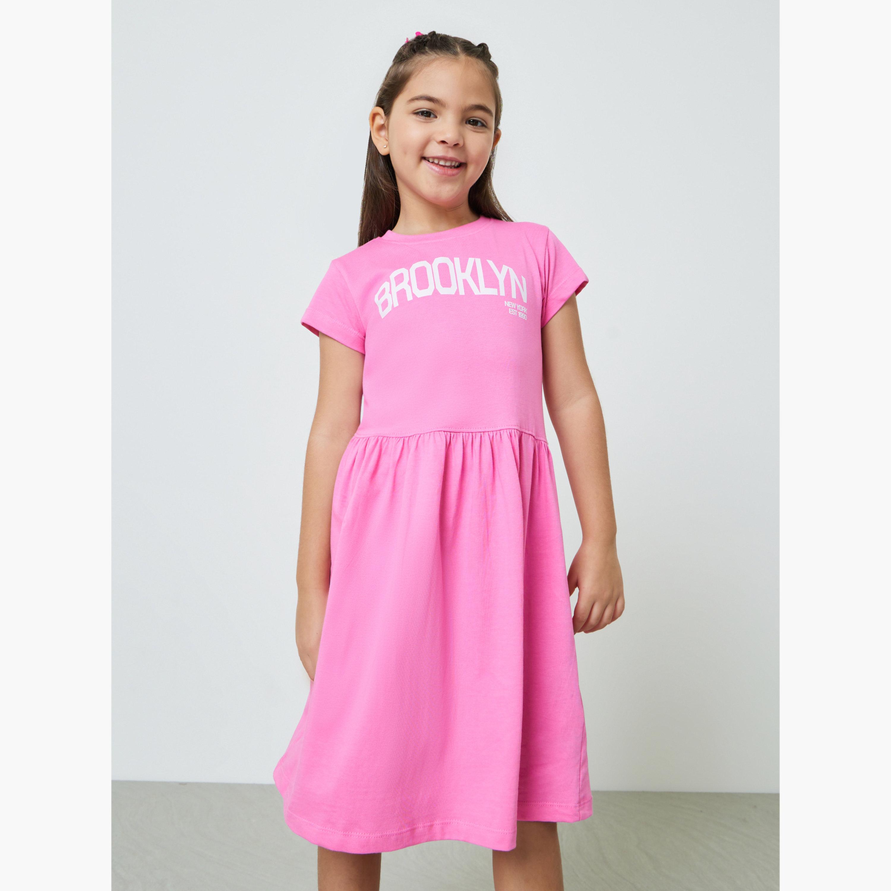 Styli Girls Text Print Round Neck T-Shirt Dress-girls-clothing-dressesandjumpsuits-image-1
