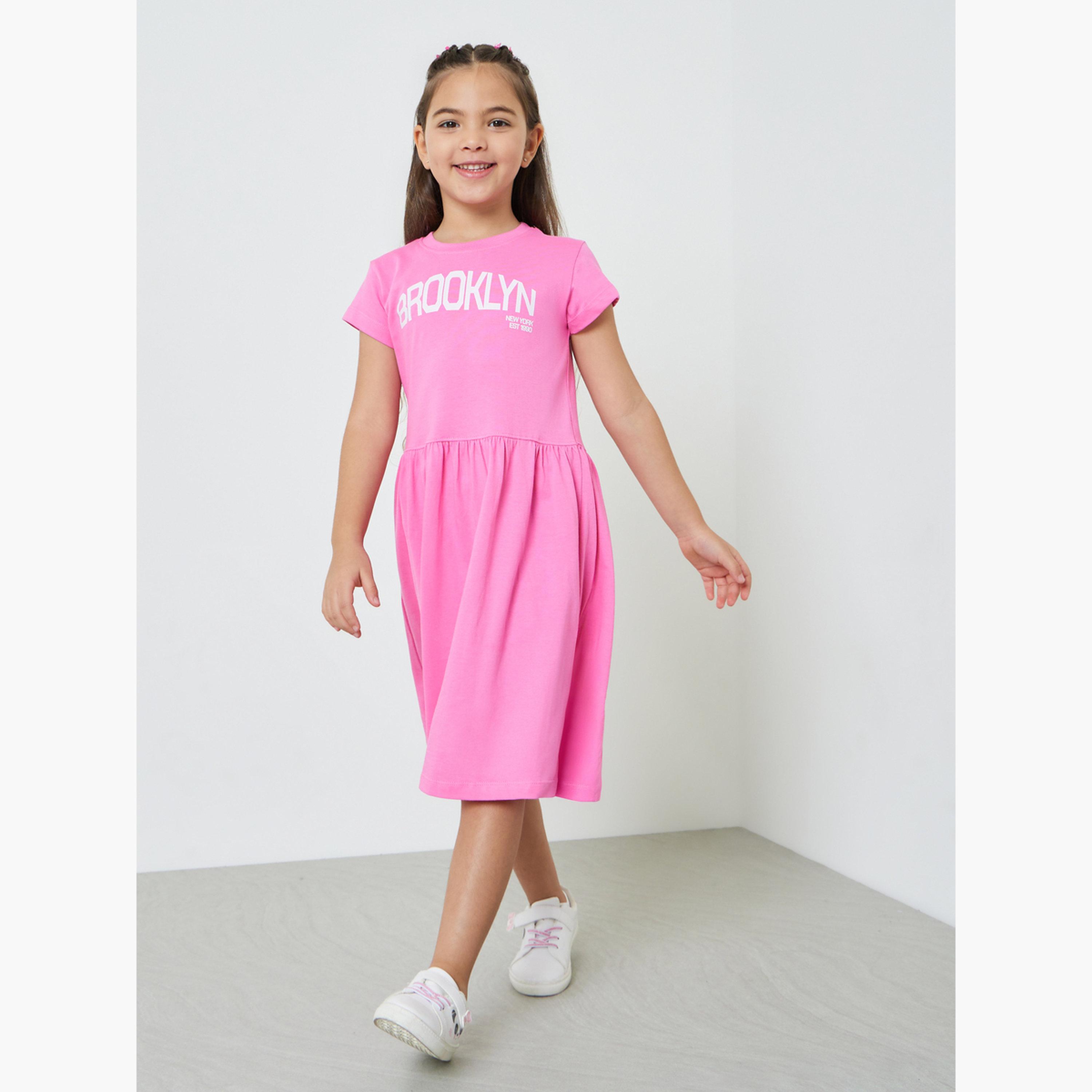 Styli Girls Text Print Round Neck T-Shirt Dress-girls-clothing-dressesandjumpsuits-image-2