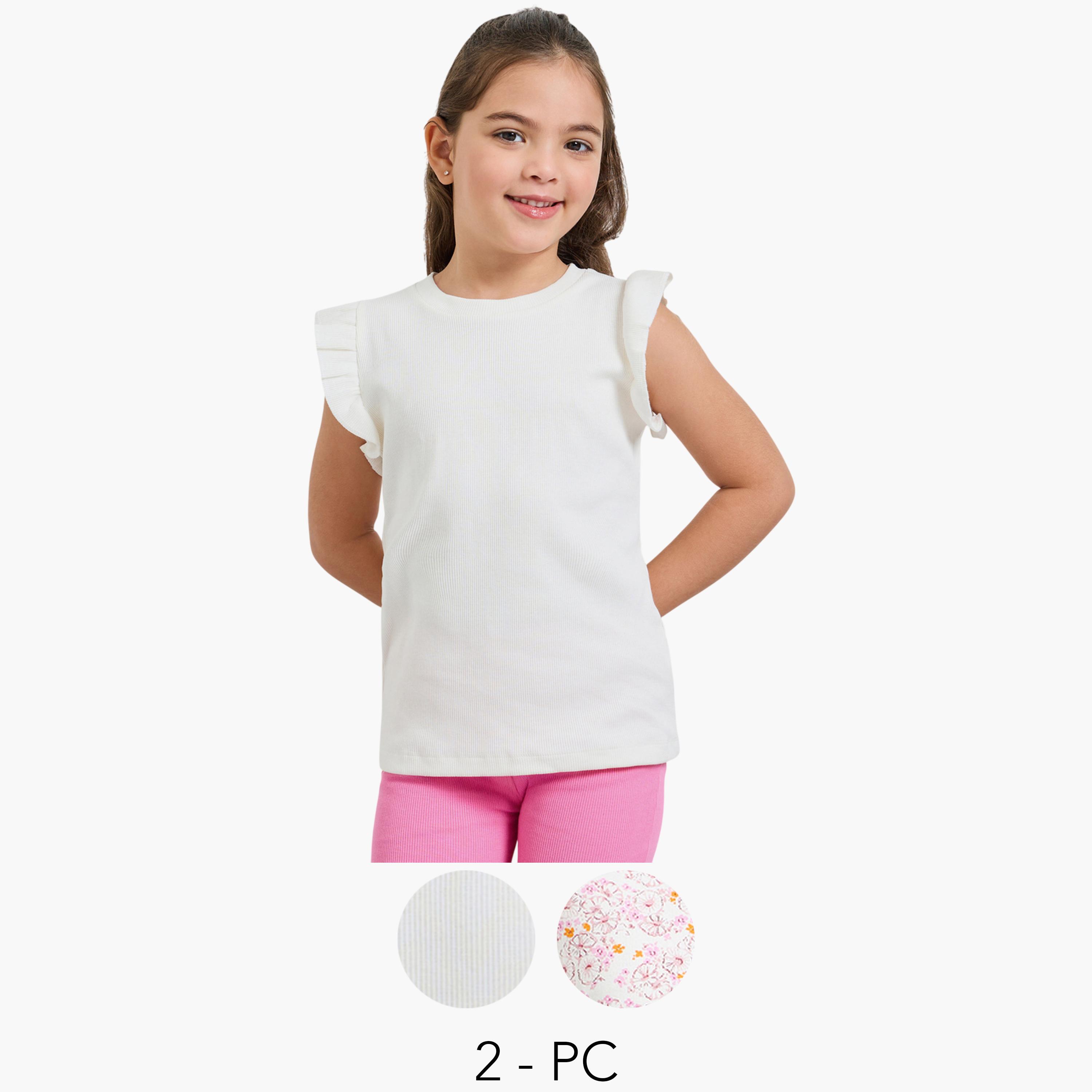 Styli Pack of 2 - Round Neck Frill Sleeve T-Shirt-girls-clothing-tshirts-image-1