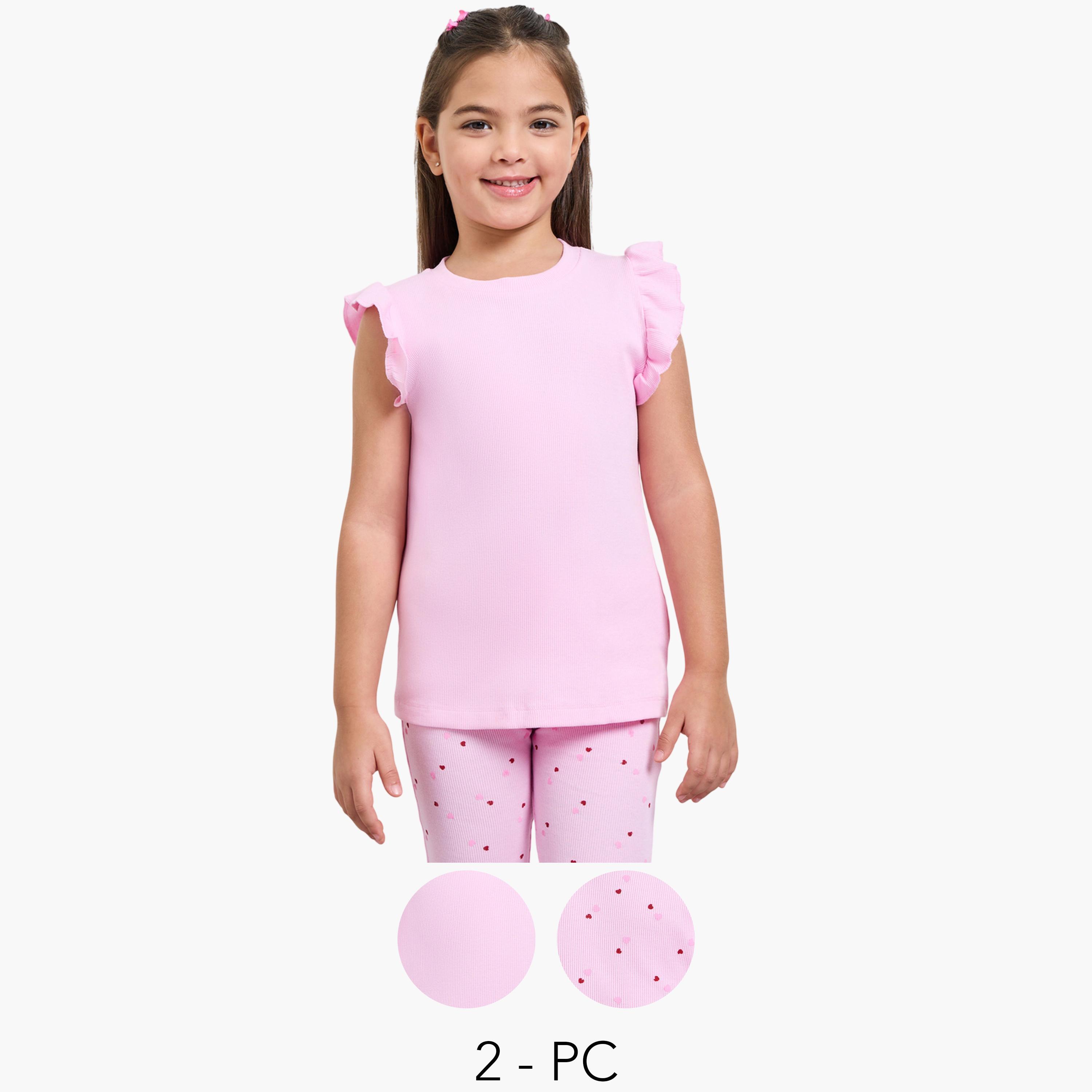 عبوة من قطعتين تيشيرت بياقة دائرية وأكمام بكشكش-girls-clothing-tshirts-image-1