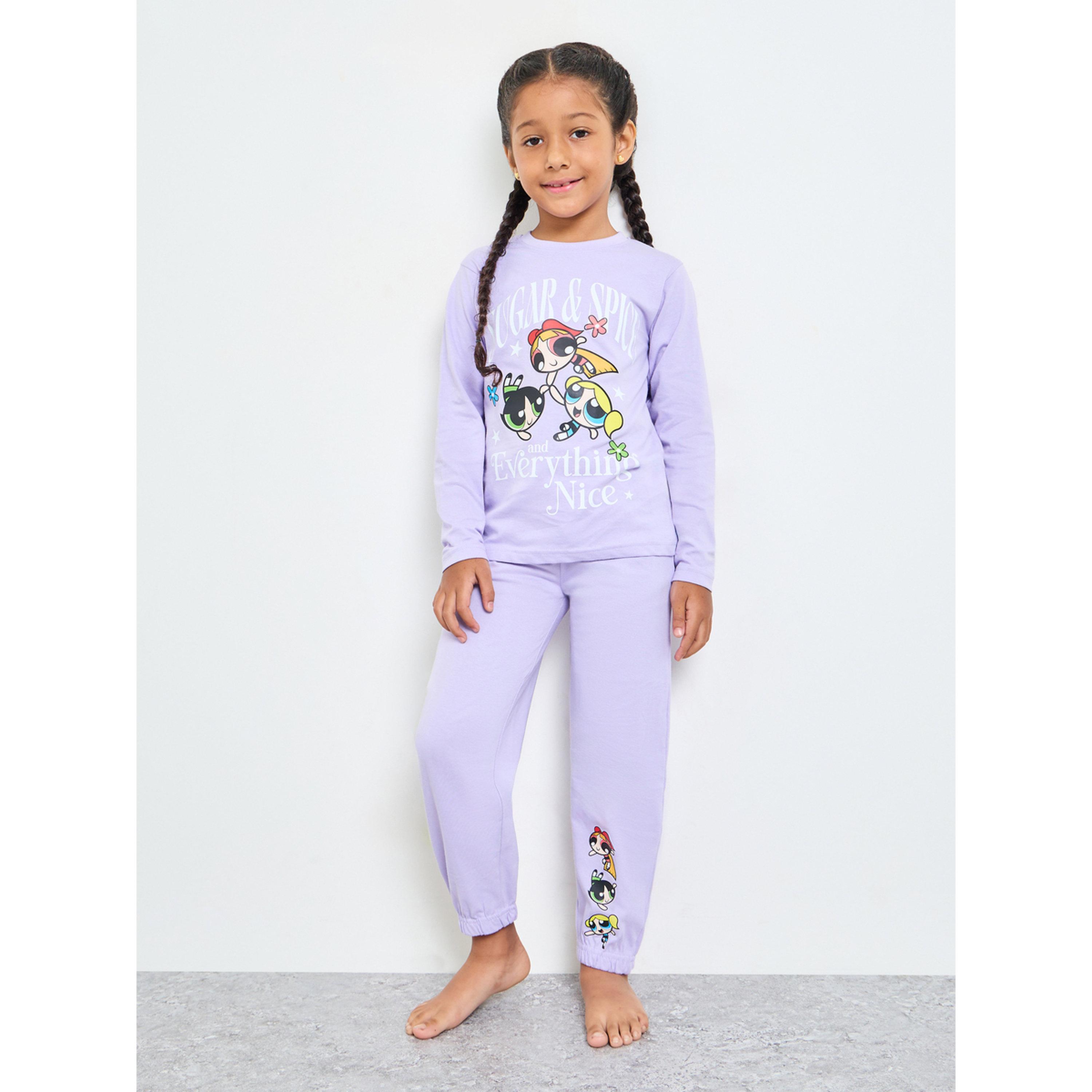 طقم بيجاما من بنطال وتيشيرت قطن بطبعة باور بَف للفتيات-girls-clothing-nightwear-image-1