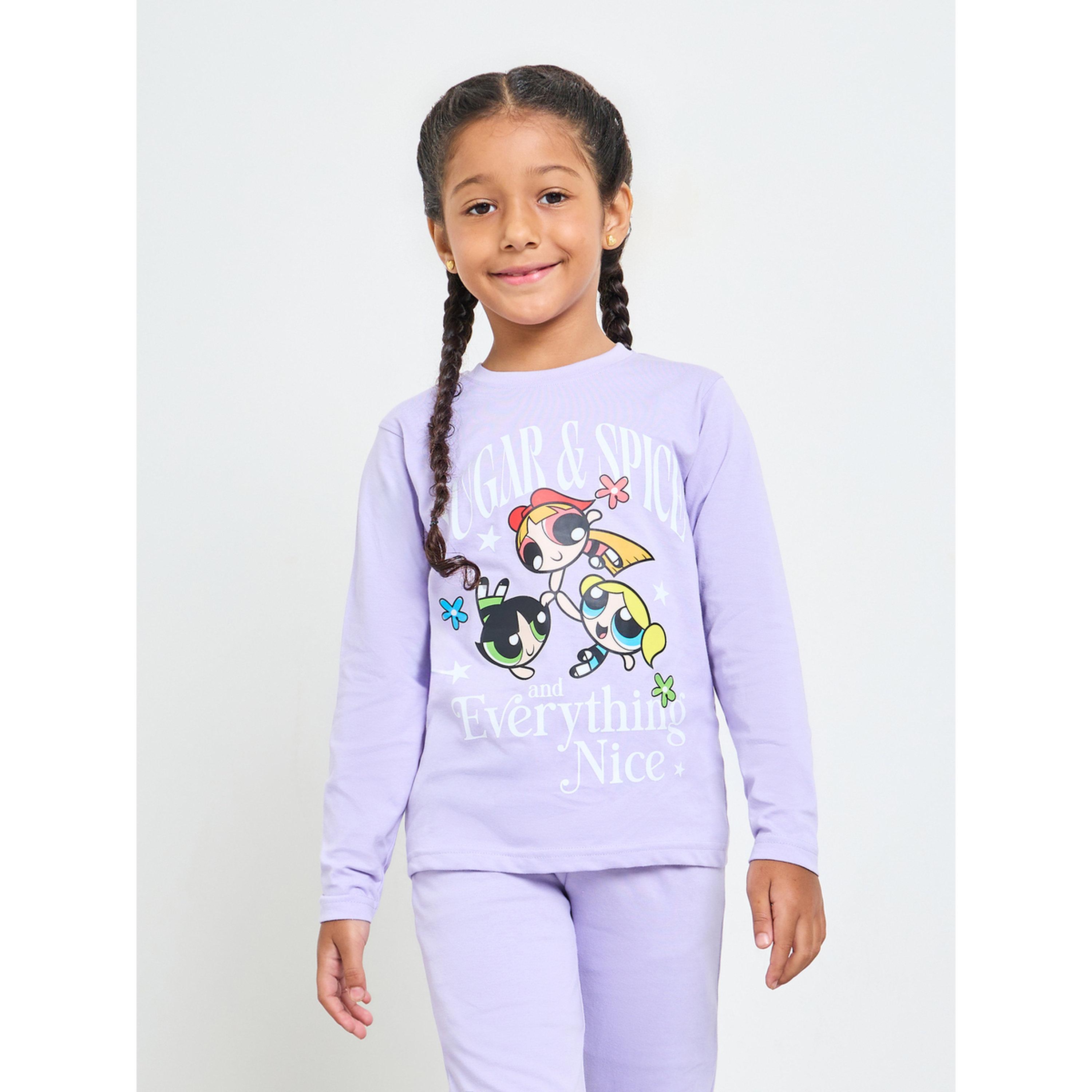 طقم بيجاما من بنطال وتيشيرت قطن بطبعة باور بَف للفتيات-girls-clothing-nightwear-image-2