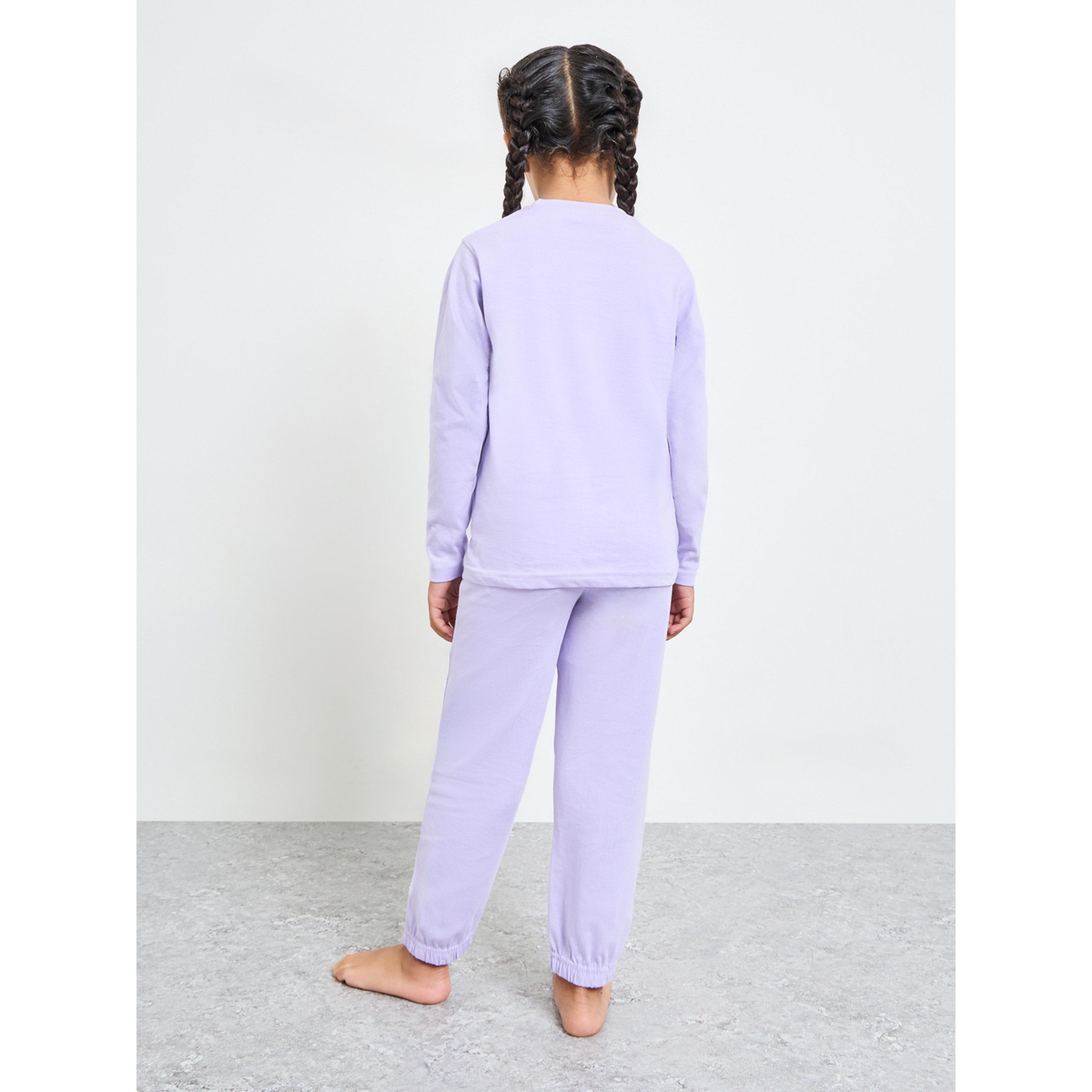 طقم بيجاما من بنطال وتيشيرت قطن بطبعة باور بَف للفتيات-girls-clothing-nightwear-image-3