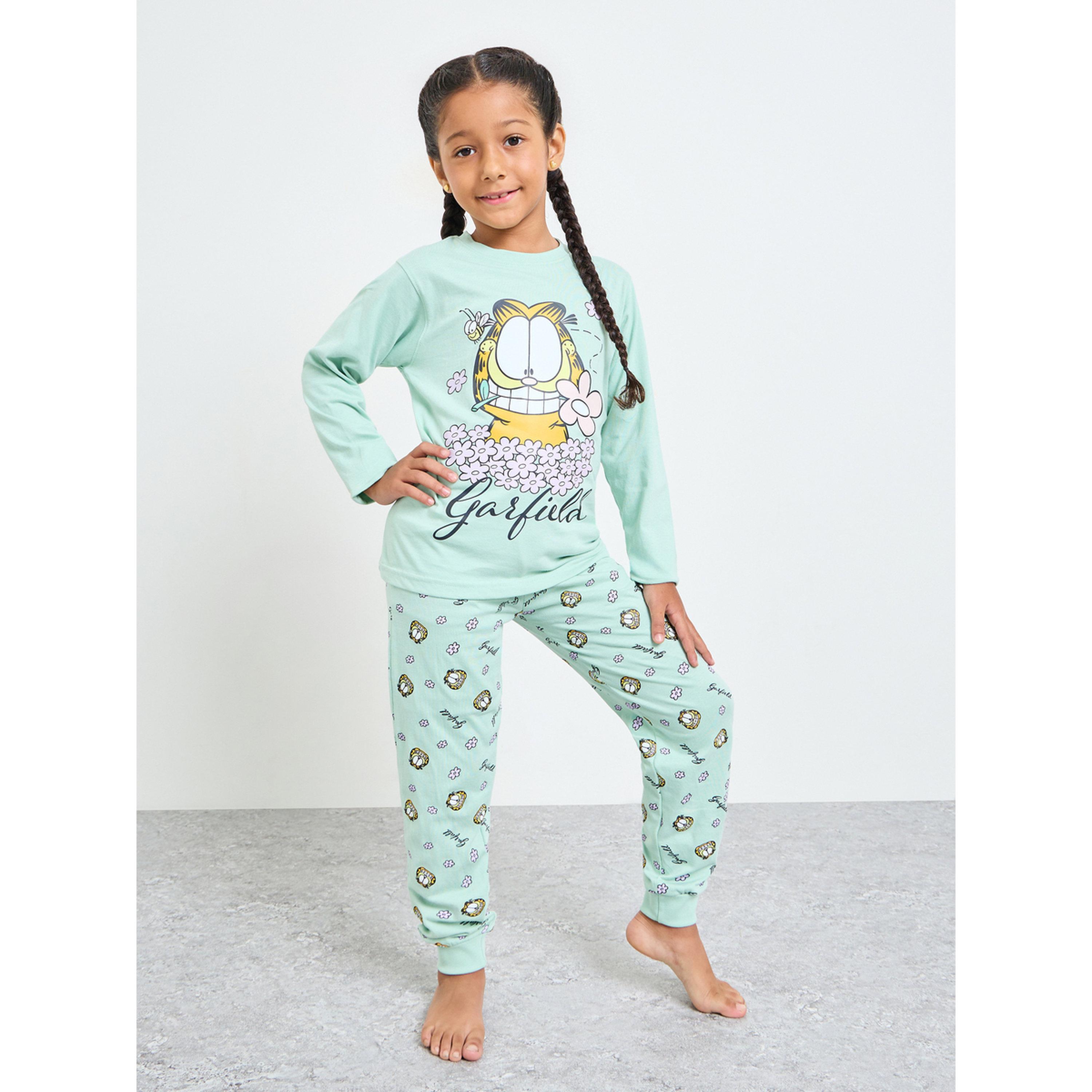 طقم بيجاما من بنطال وتيشيرت قطن بأكمام طويلة وطبعة غارفيلد للبنات-girls-clothing-nightwear-image-1