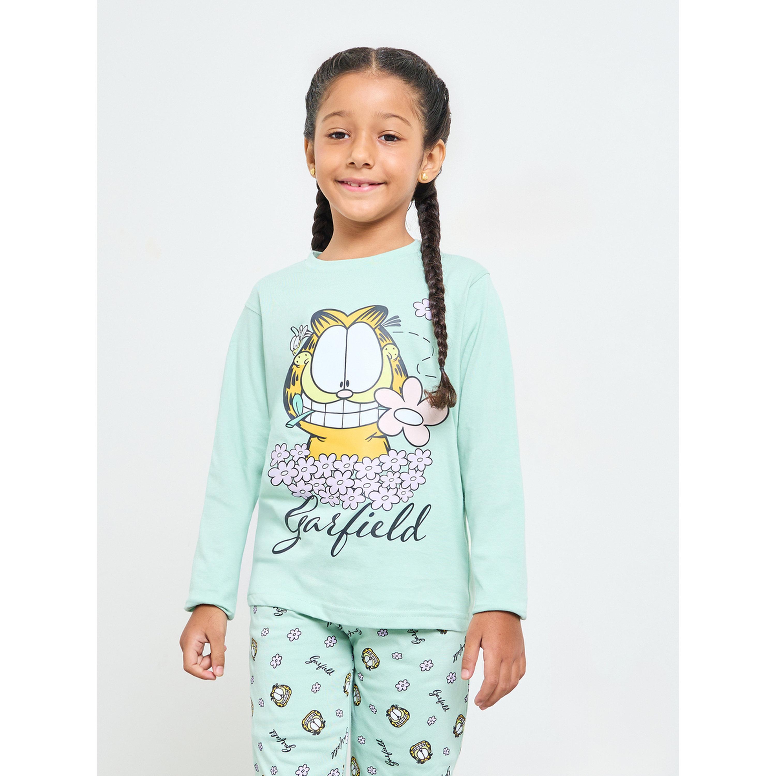 طقم بيجاما من بنطال وتيشيرت قطن بأكمام طويلة وطبعة غارفيلد للبنات-girls-clothing-nightwear-image-2