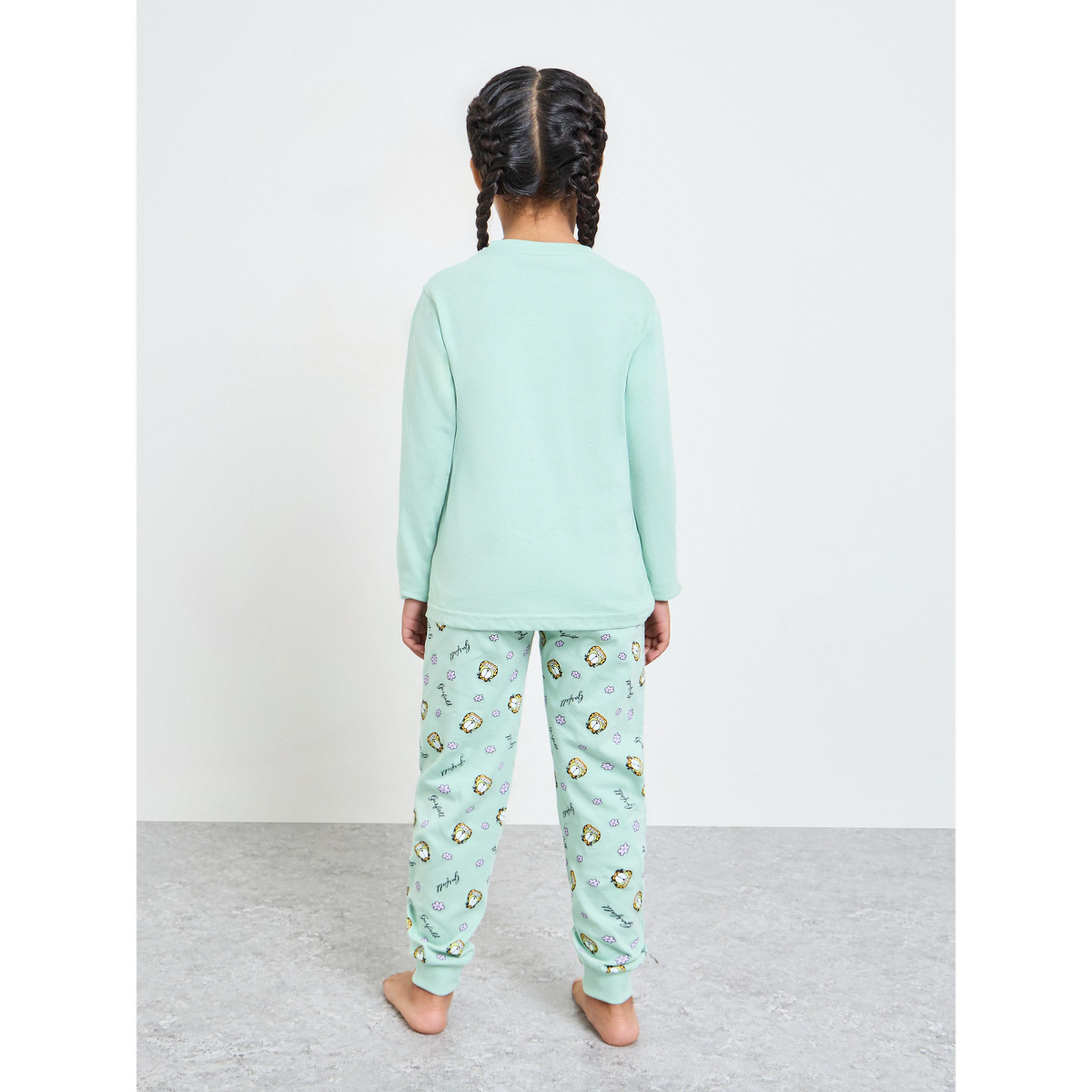 طقم بيجاما من بنطال وتيشيرت قطن بأكمام طويلة وطبعة غارفيلد للبنات-girls-clothing-nightwear-image-3