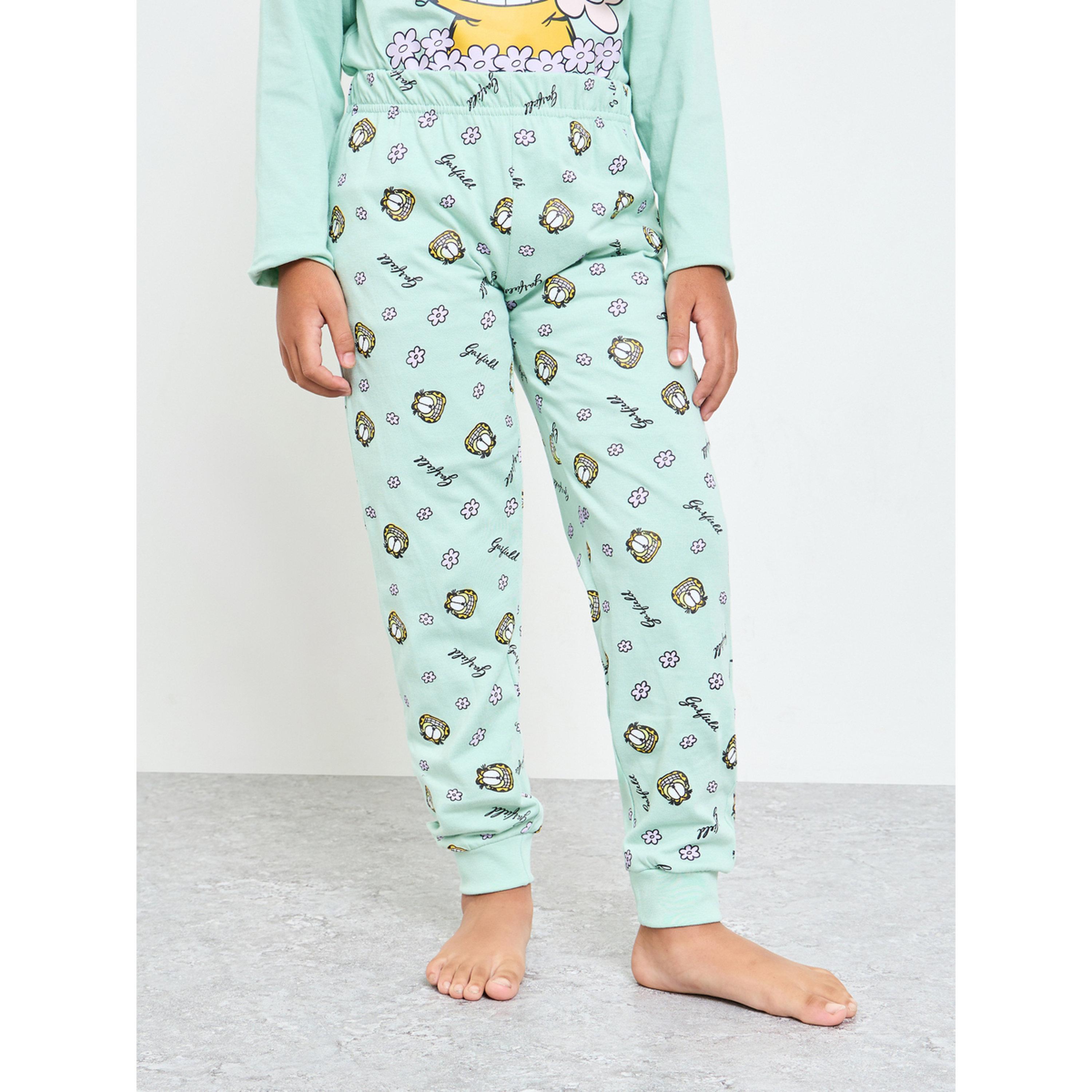 طقم بيجاما من بنطال وتيشيرت قطن بأكمام طويلة وطبعة غارفيلد للبنات-girls-clothing-nightwear-image-4