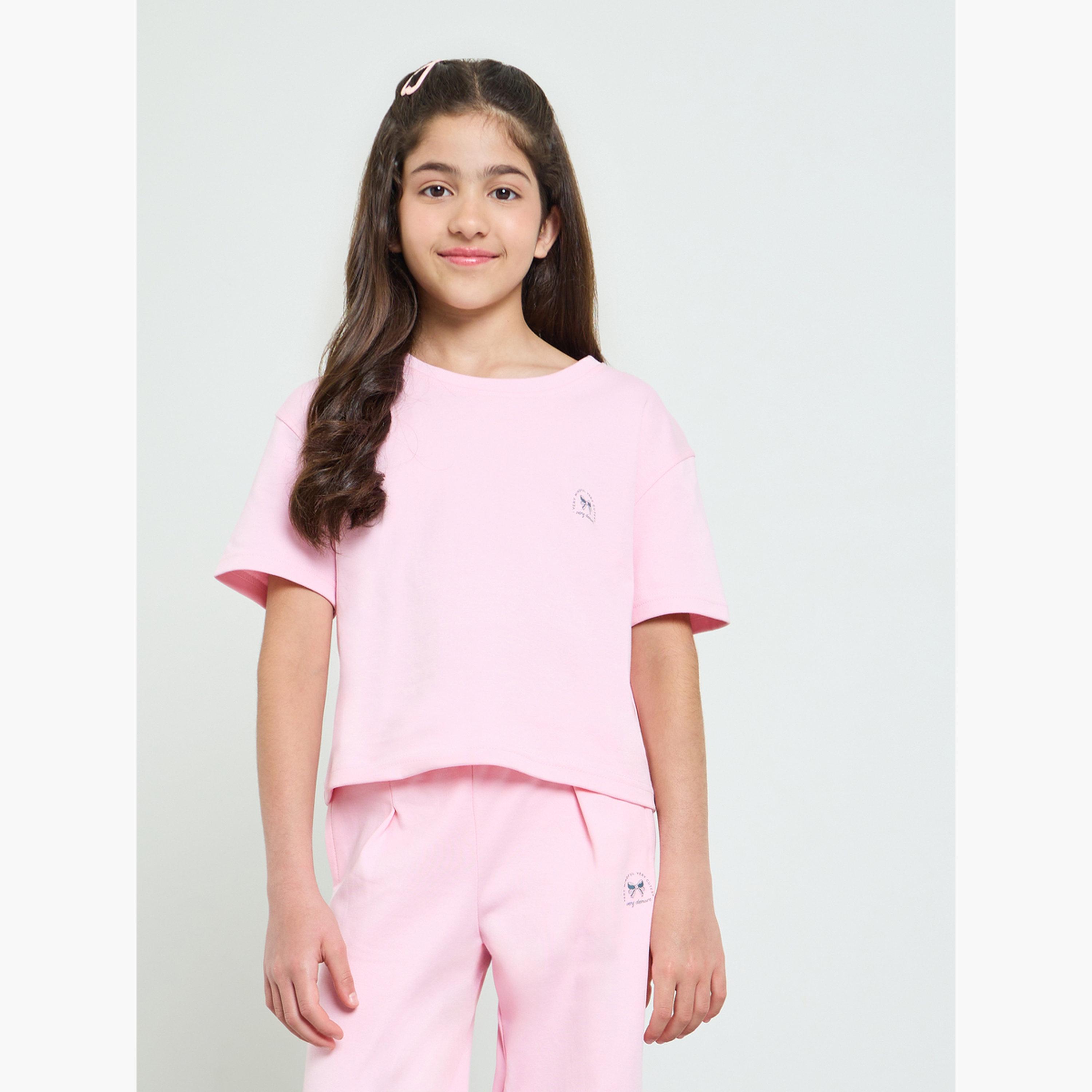 مجموعة من جوغر بأرجل مستقيمة وبلوزة قصيرة للبنات باللون الوردي الفاتح-girls-clothing-setsandcoords-image-2