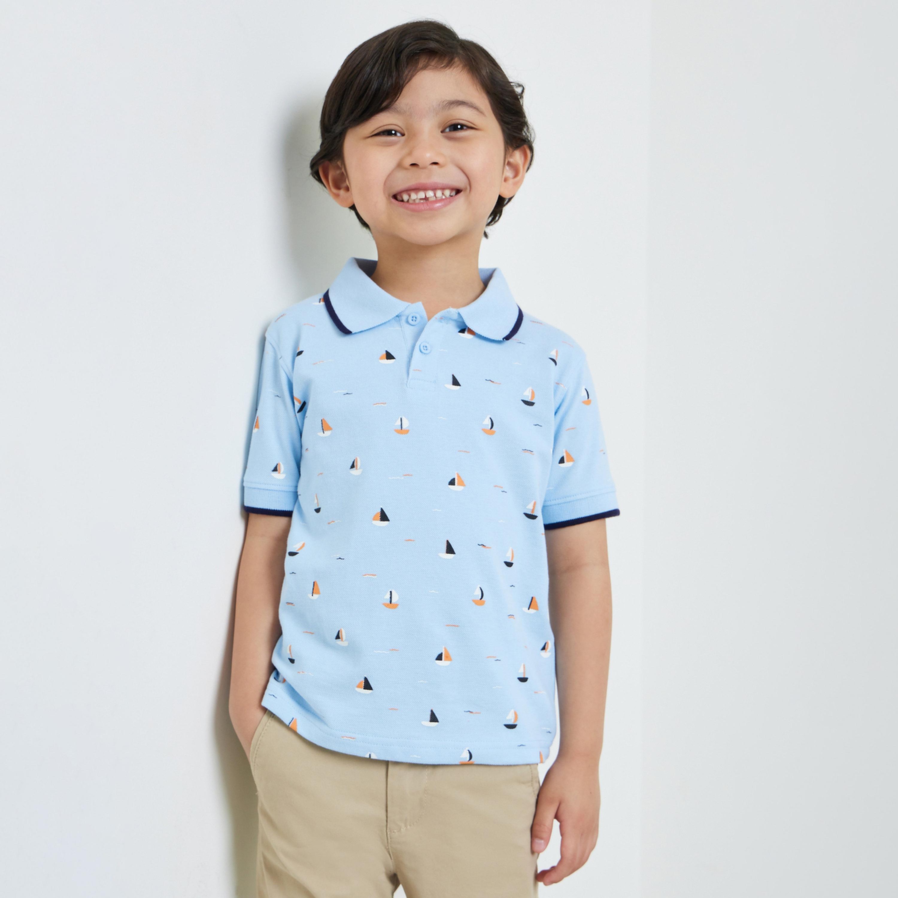 تيشيرت بولو قطن بطبعة سفينة شراعية للأولاد-boys-clothing-tshirtsandpolos-image-1