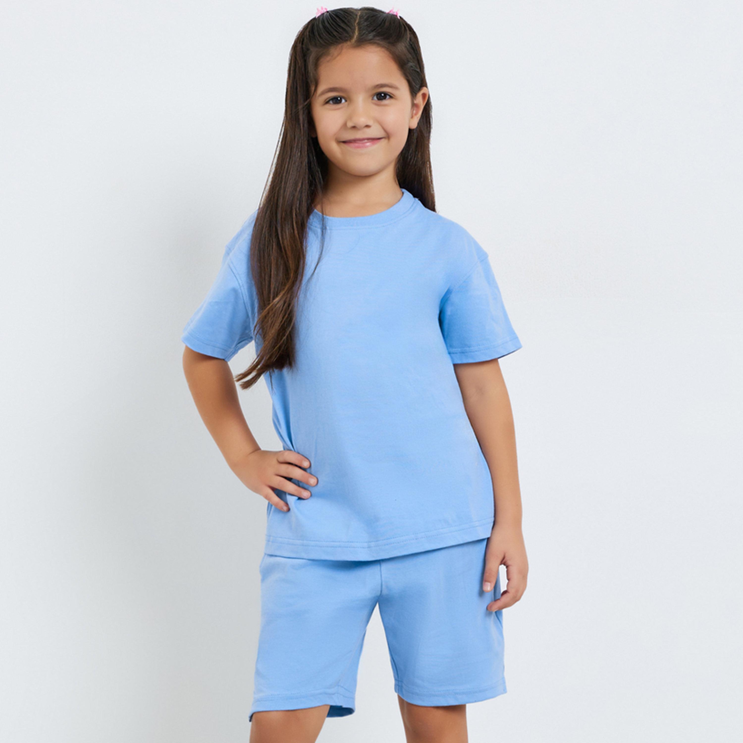 مجموعة من شورت وتيشيرت قطن للبنات لون أزرق سادة-girls-clothing-setsandcoords-image-1