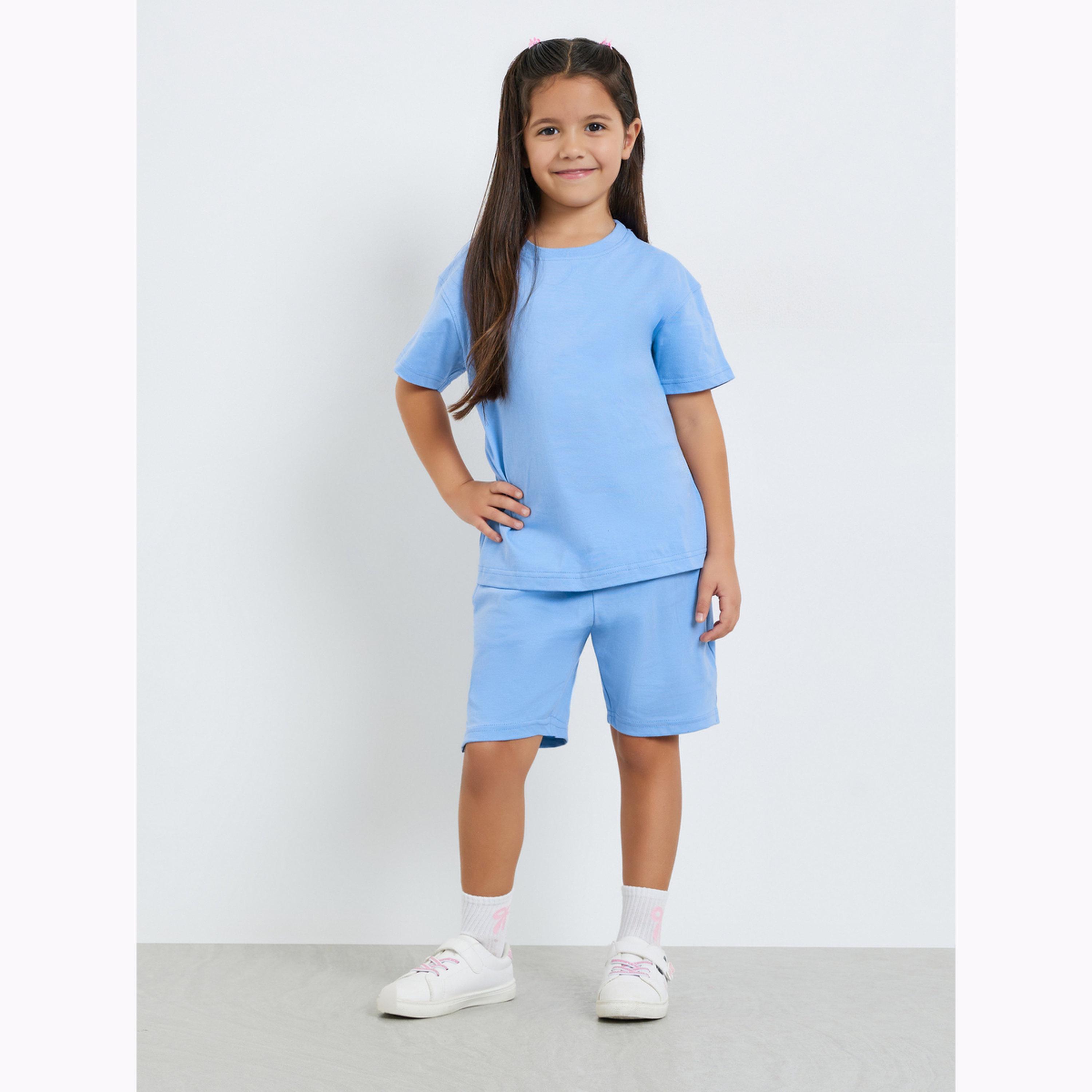 مجموعة من شورت وتيشيرت قطن للبنات لون أزرق سادة-girls-clothing-setsandcoords-image-2