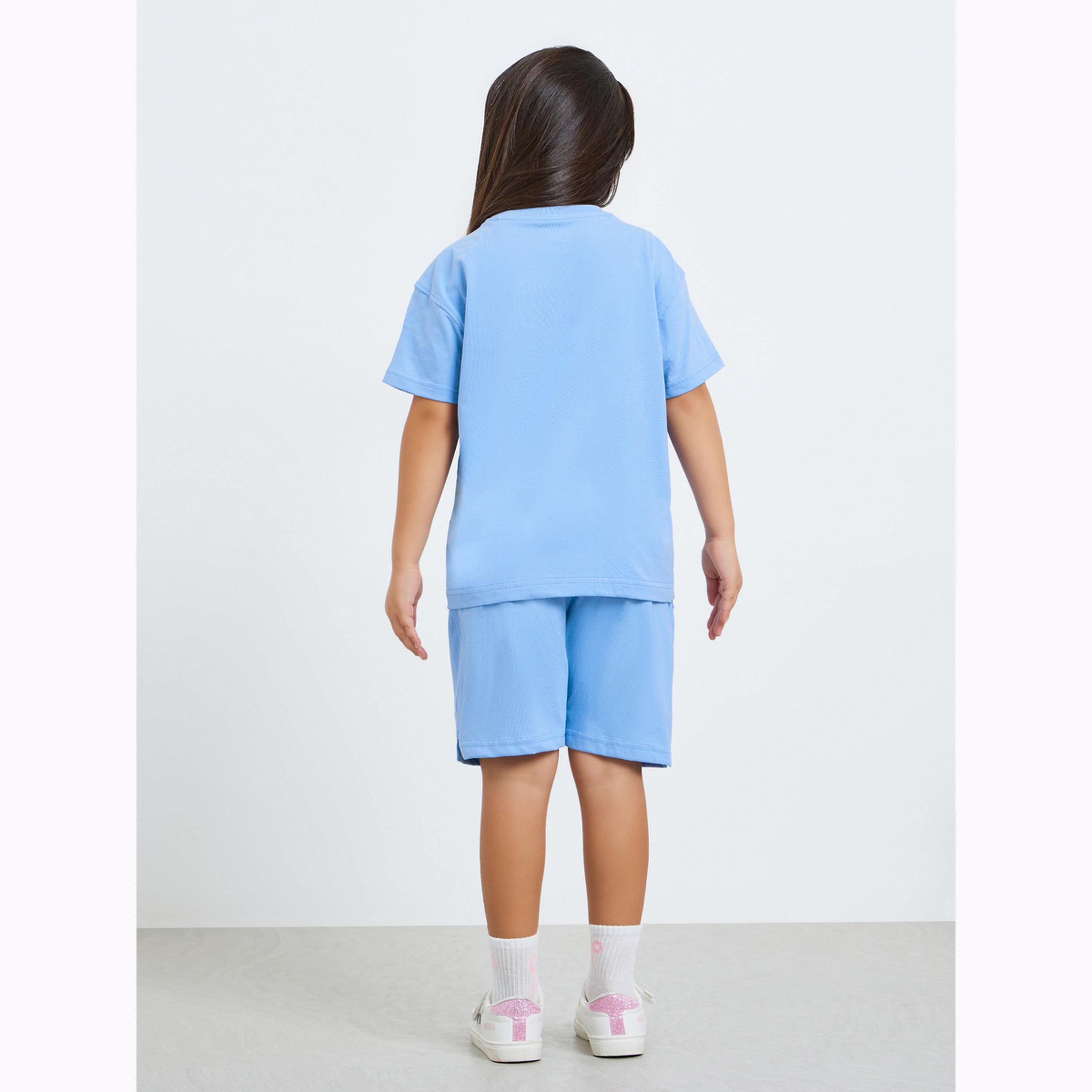 Styli Girls Solid Blue Cotton T-Shirt and Shorts Set-girls-clothing-setsandcoords-image-4