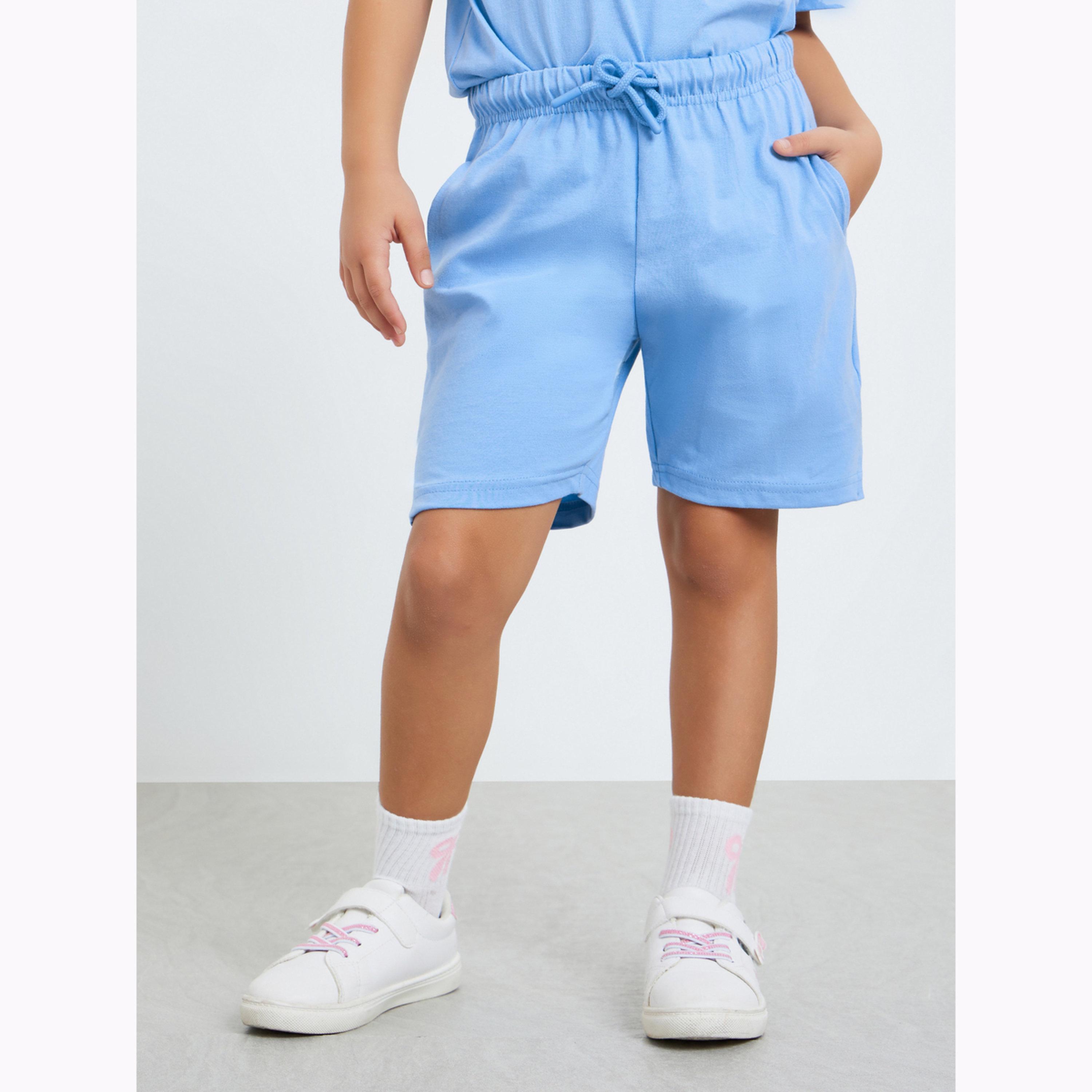 مجموعة من شورت وتيشيرت قطن للبنات لون أزرق سادة-girls-clothing-setsandcoords-image-5