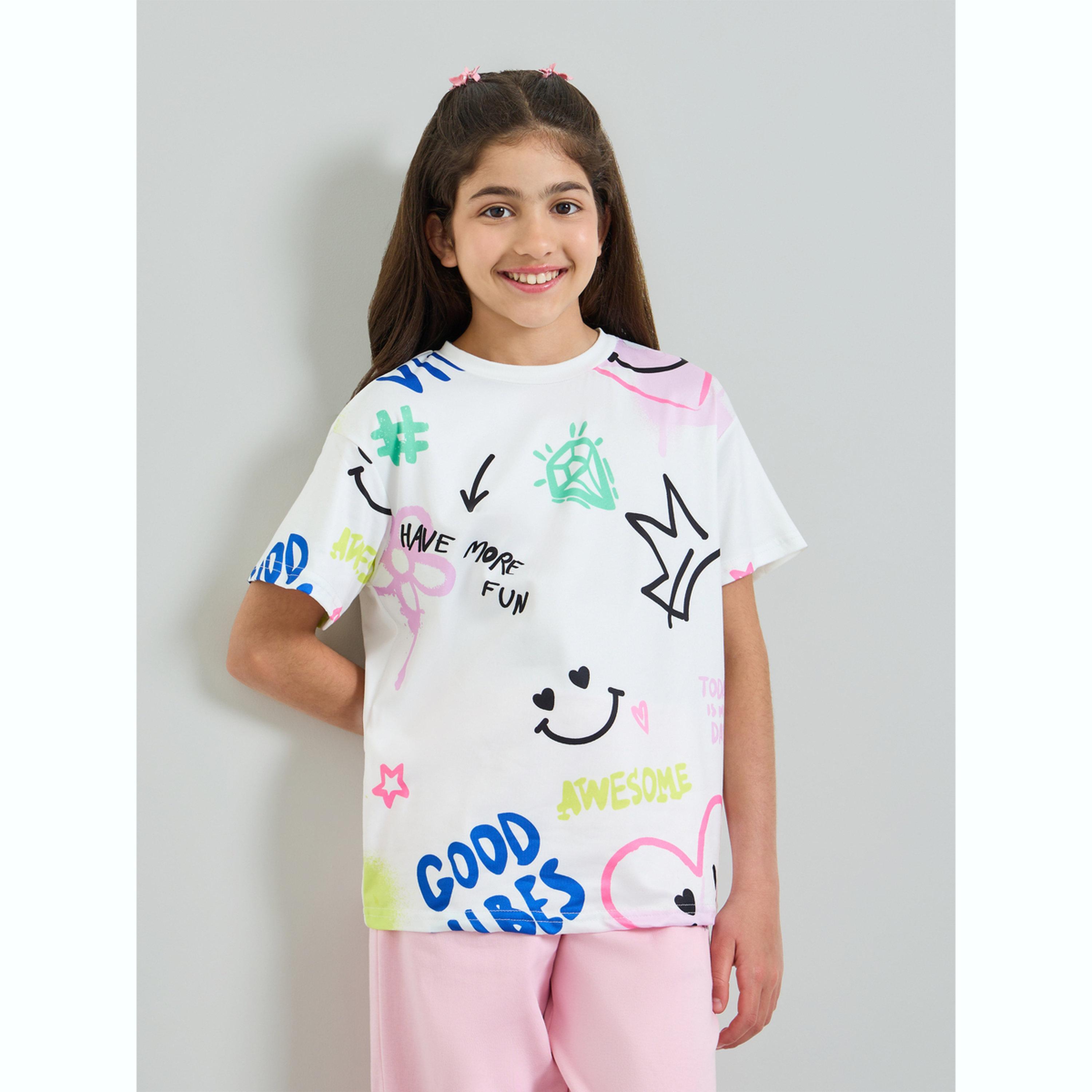 تيشيرت واسع بطبعة غرافيتي للبنات-girls-clothing-tshirts-image-1