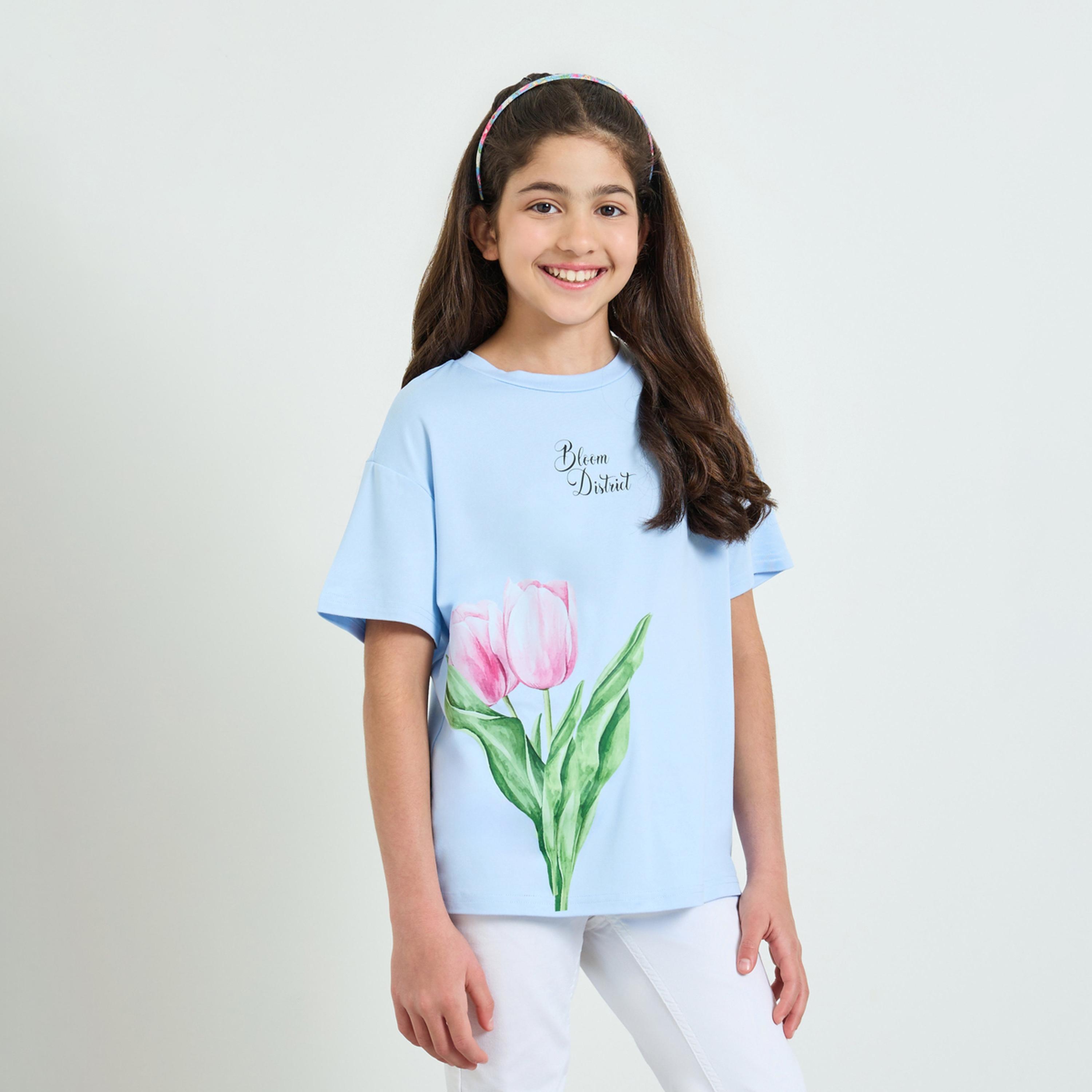 تيشيرت فضفاض بطبعة جرافيك توليب للبنات-girls-clothing-tshirts-image-1