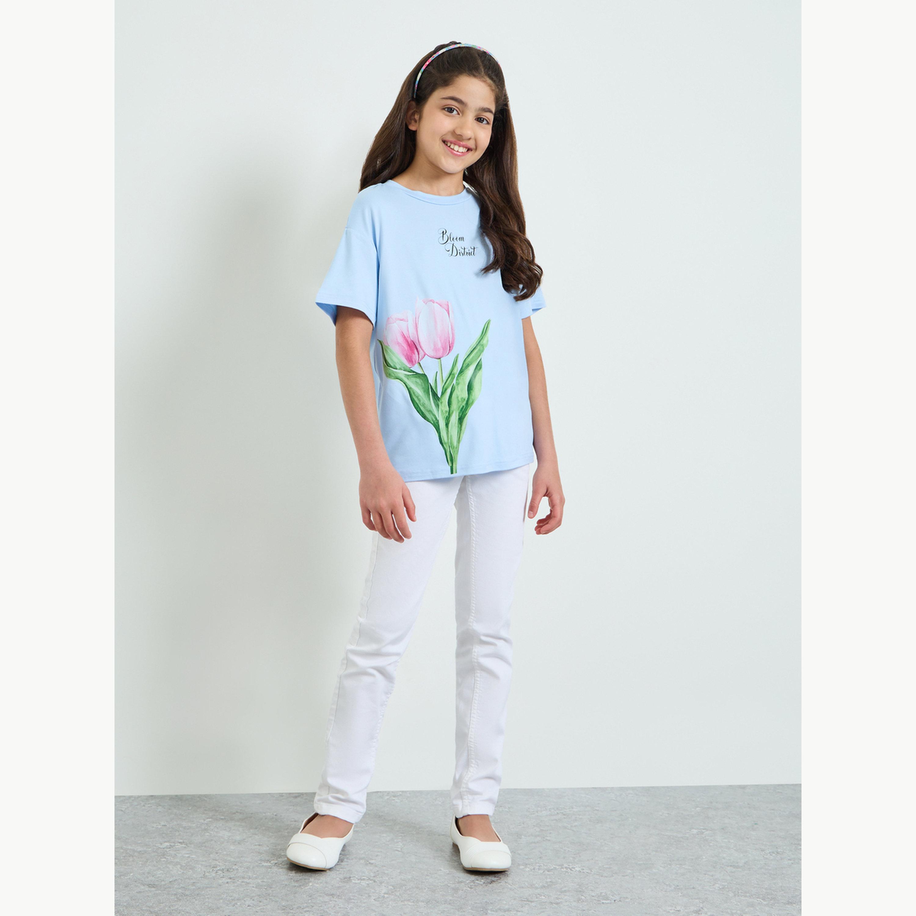 تيشيرت فضفاض بطبعة جرافيك توليب للبنات-girls-clothing-tshirts-image-2