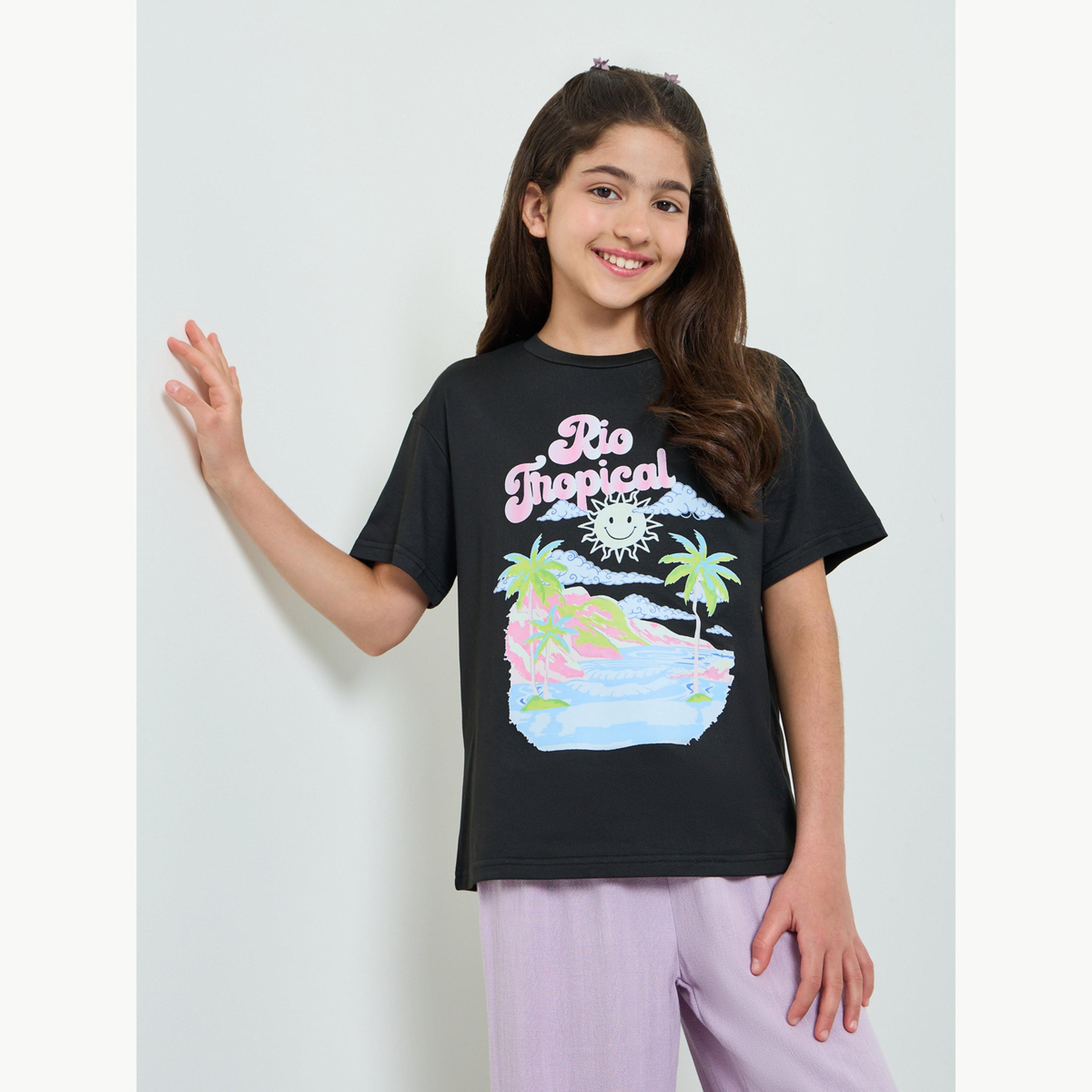 تيشيرت واسع بطبعة جرافيك للبنات-girls-clothing-tshirts-image-1