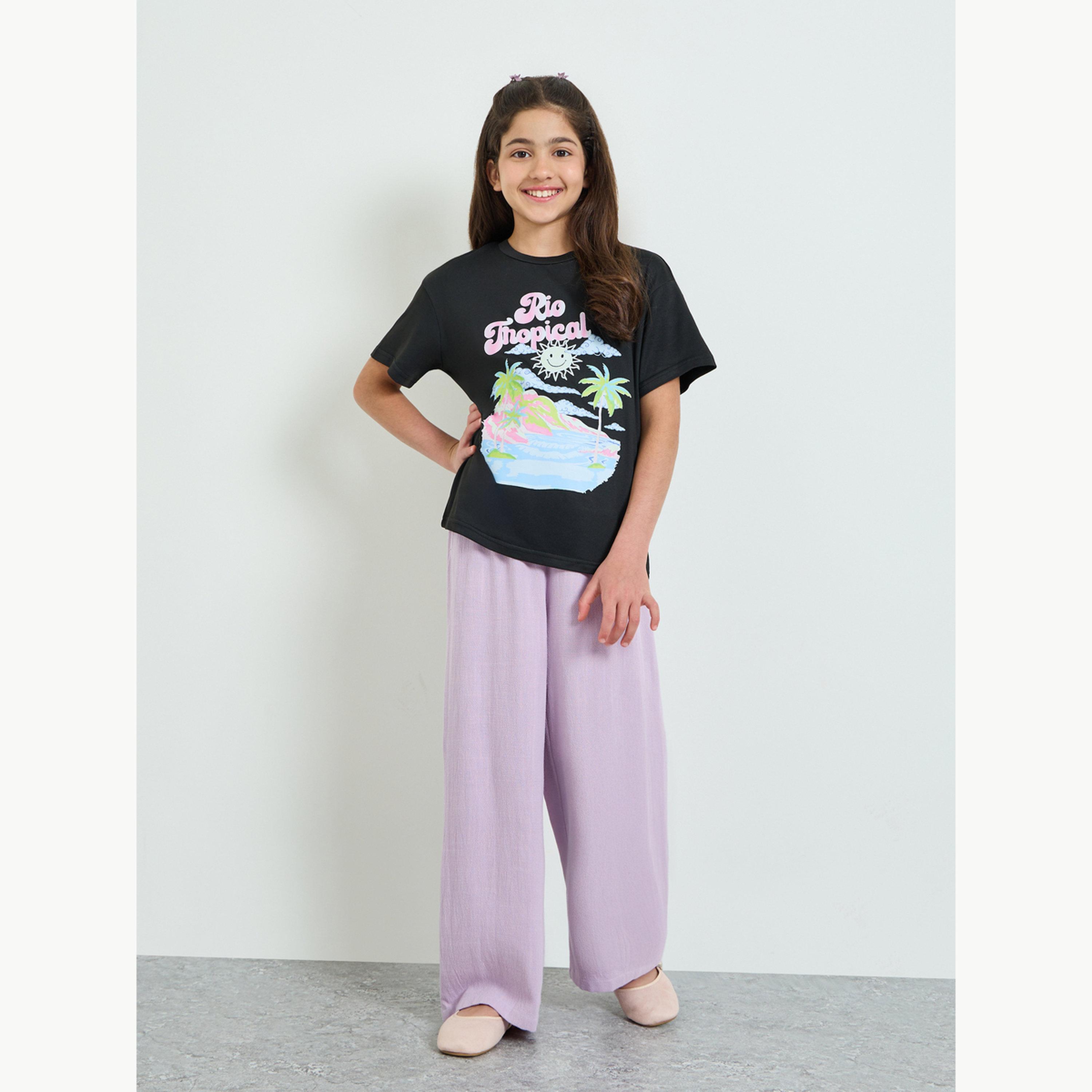 تيشيرت واسع بطبعة جرافيك للبنات-girls-clothing-tshirts-image-2