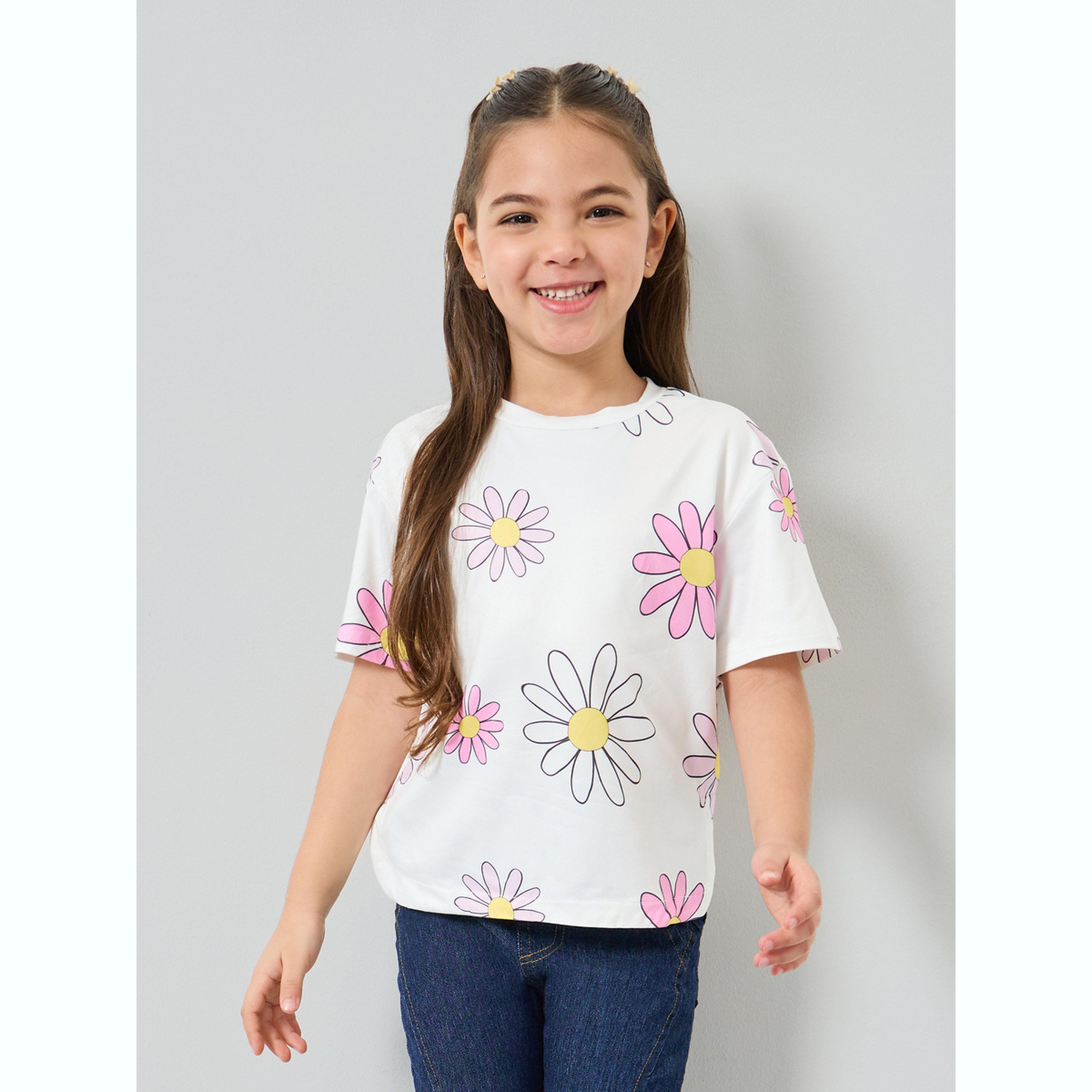 تيشيرت بقصة عادية وطبعة أزهار للبنات-girls-clothing-tshirts-image-1