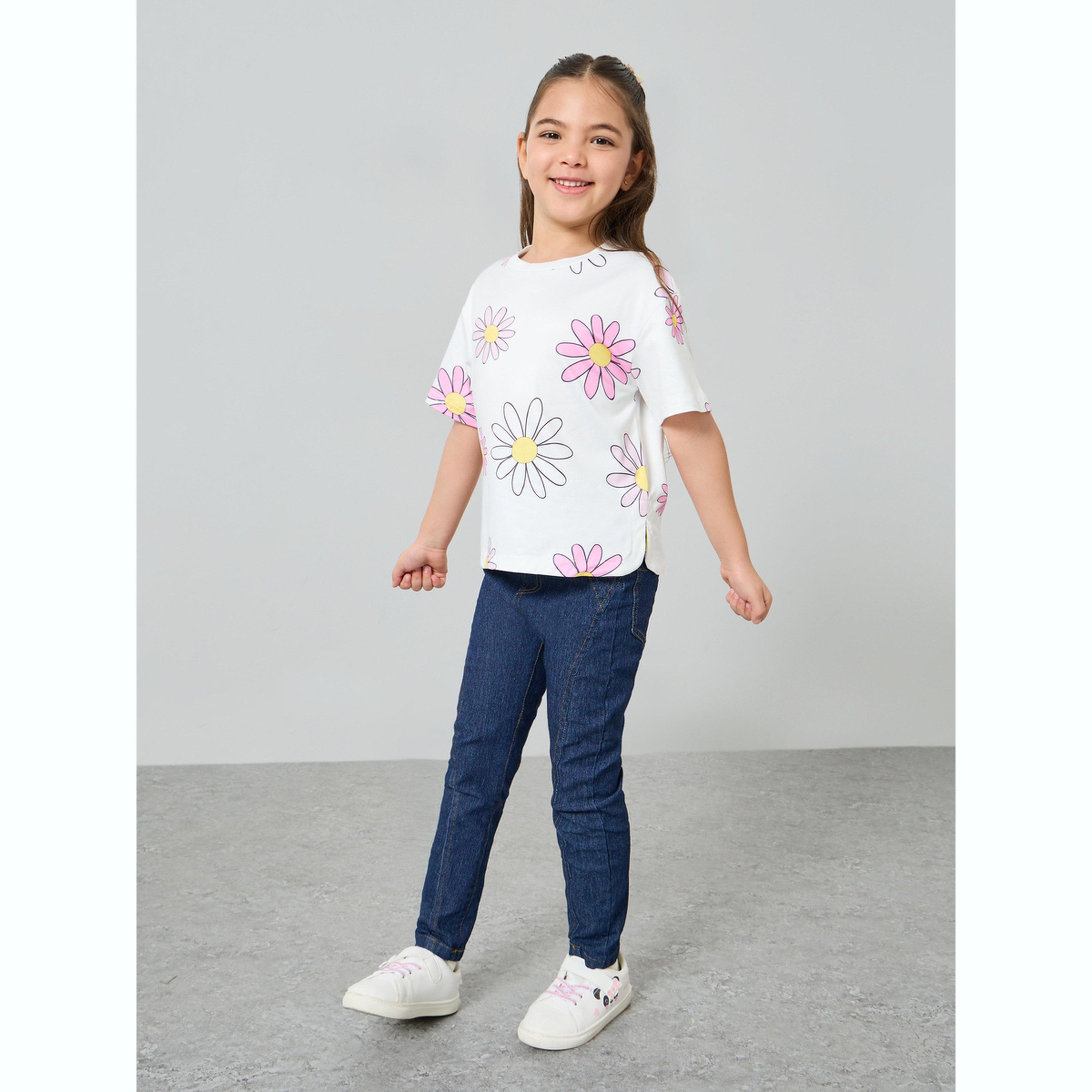تيشيرت بقصة عادية وطبعة أزهار للبنات-girls-clothing-tshirts-image-2