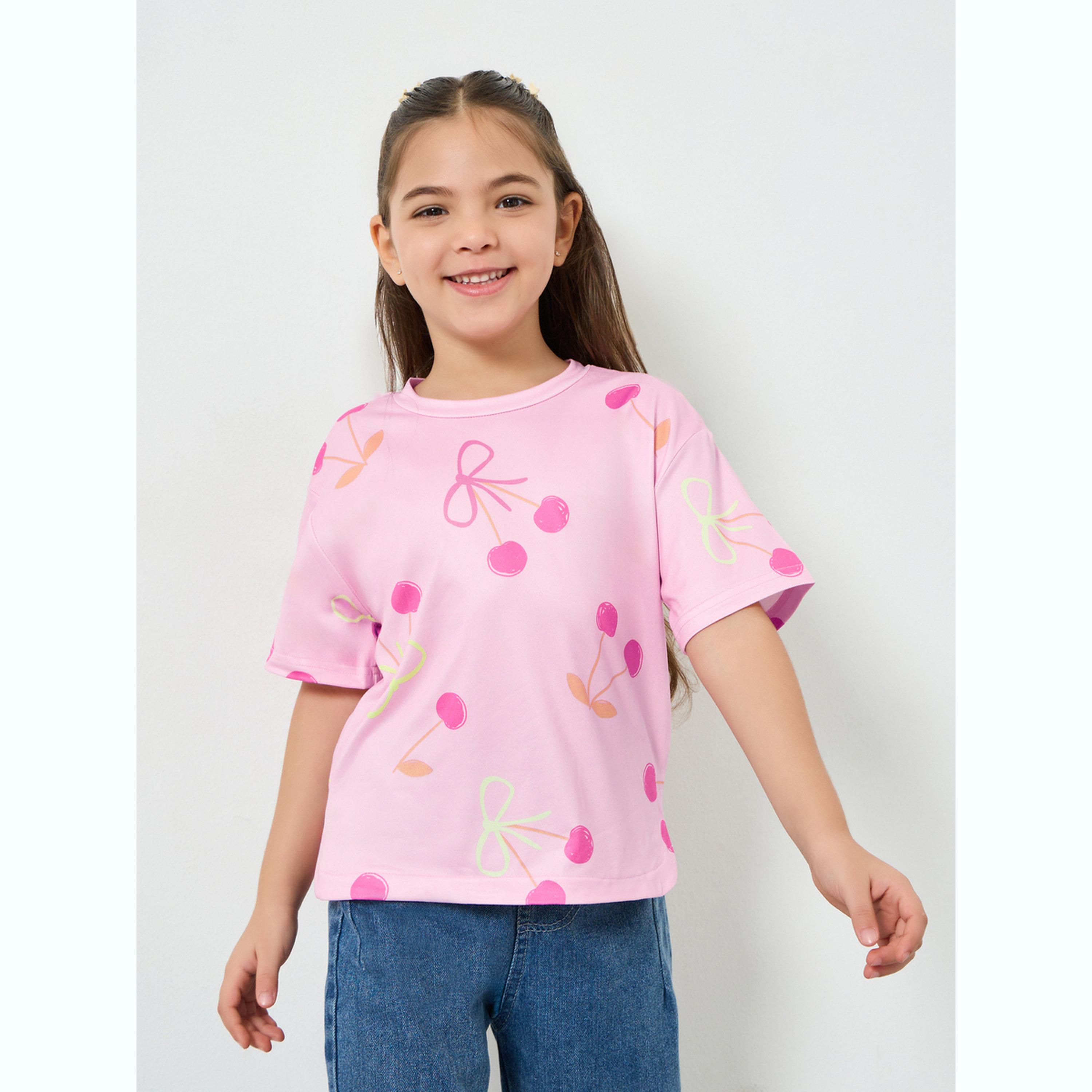 تيشيرت بياقة دائرية وطبعة كرز وعقدة للبنات-girls-clothing-tshirts-image-1