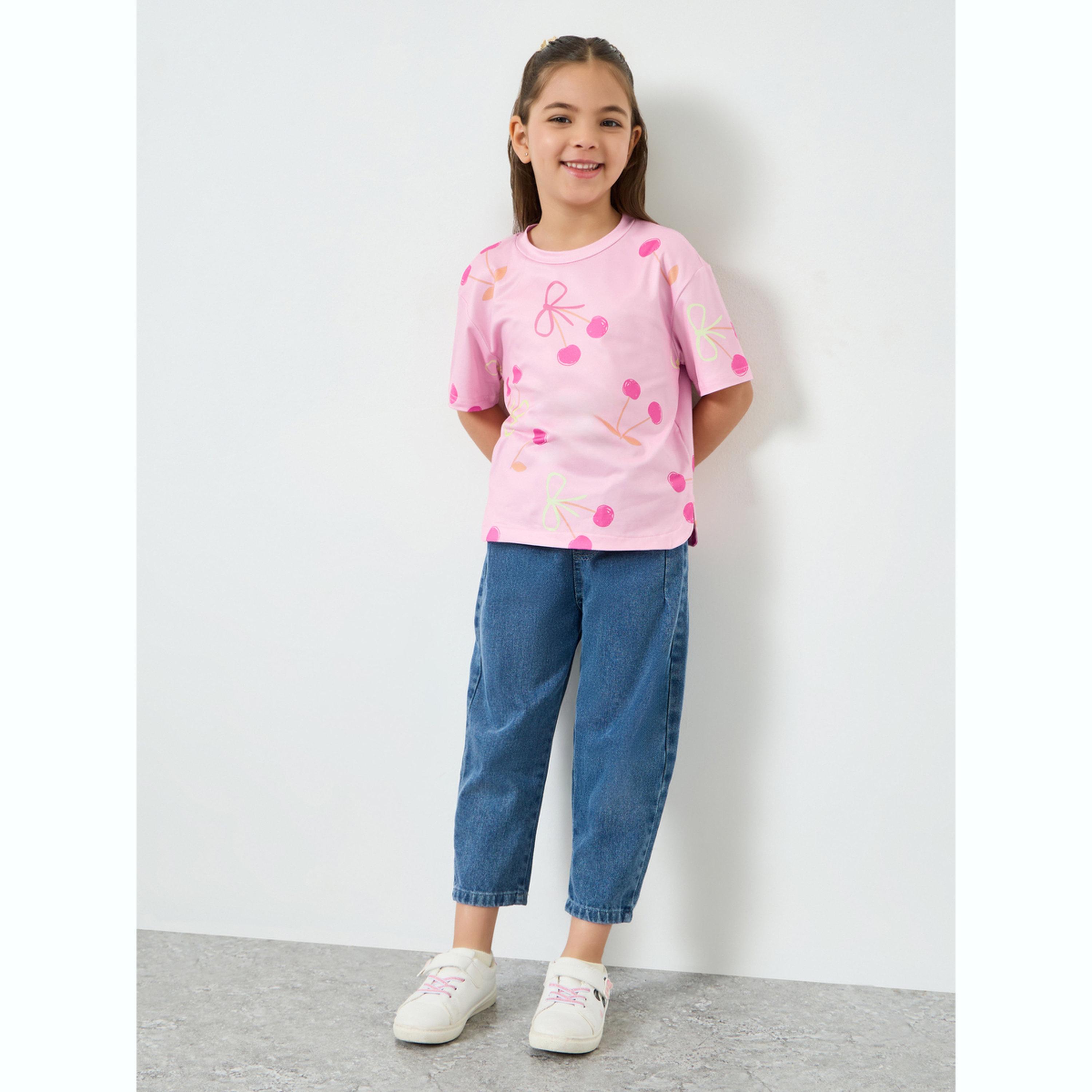 تيشيرت بياقة دائرية وطبعة كرز وعقدة للبنات-girls-clothing-tshirts-image-2