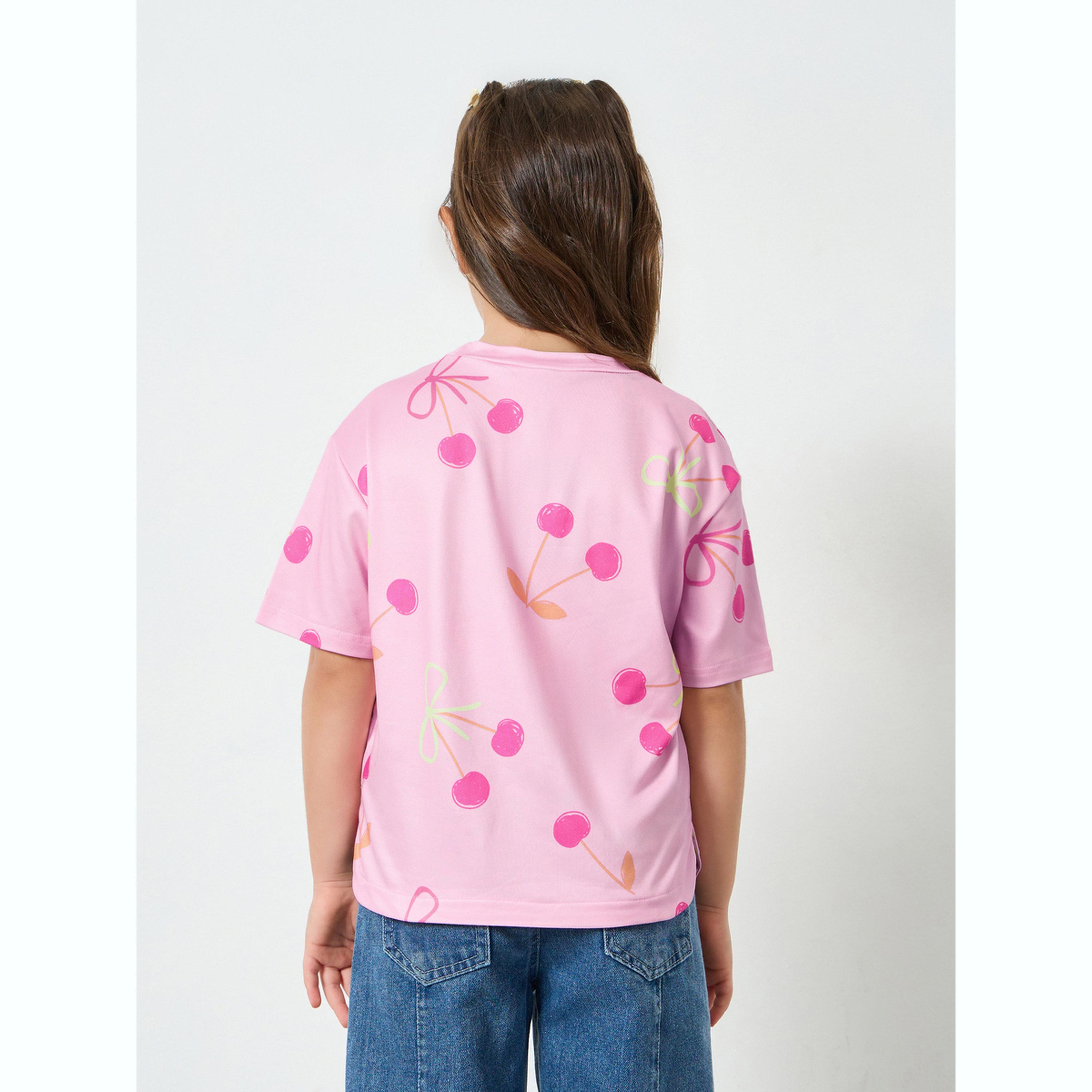 تيشيرت بياقة دائرية وطبعة كرز وعقدة للبنات-girls-clothing-tshirts-image-3