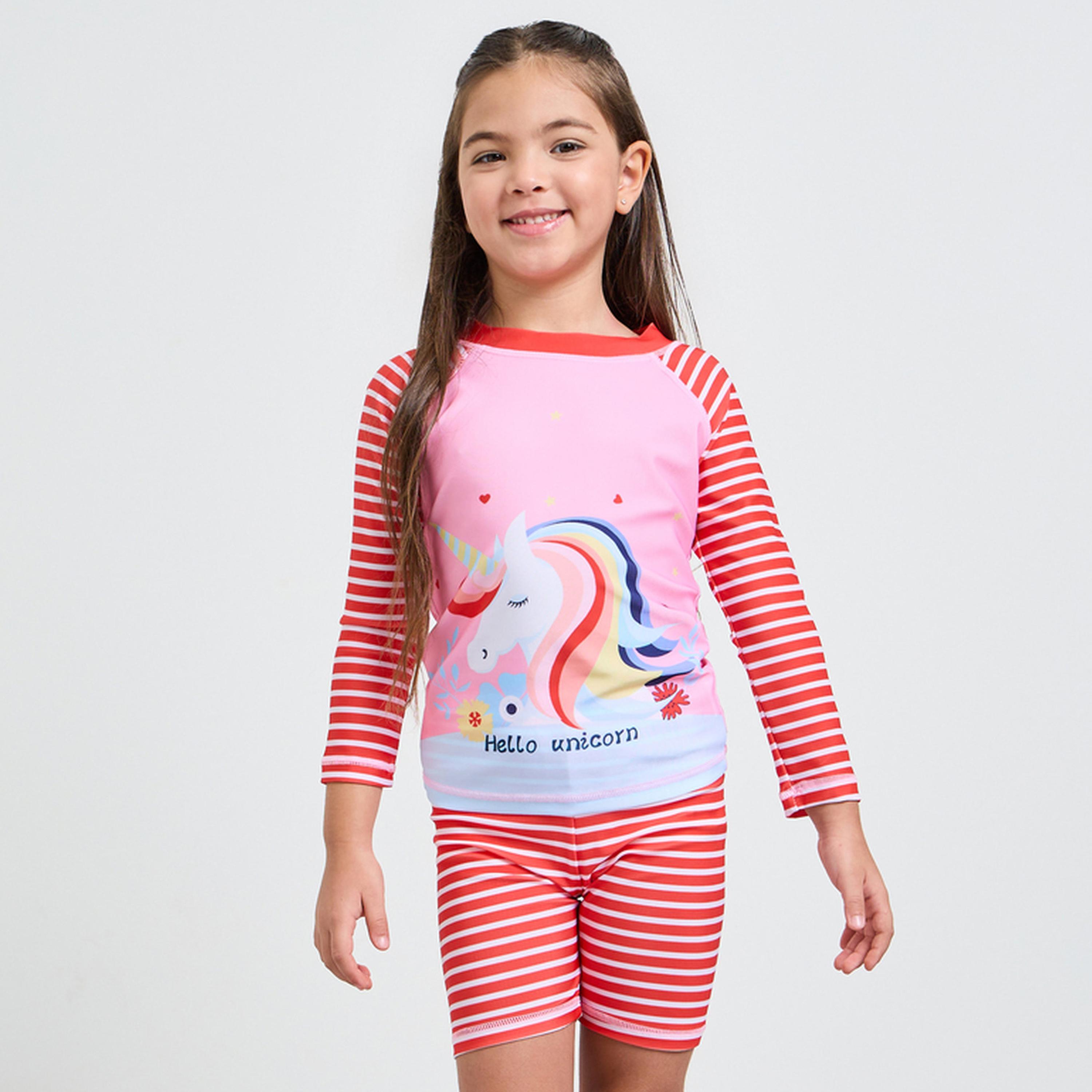 مجموعة من شورت سباحة وتيشيرت مخطط بطبعة جرافيك للبنات-girls-clothing-swimwear-image-1