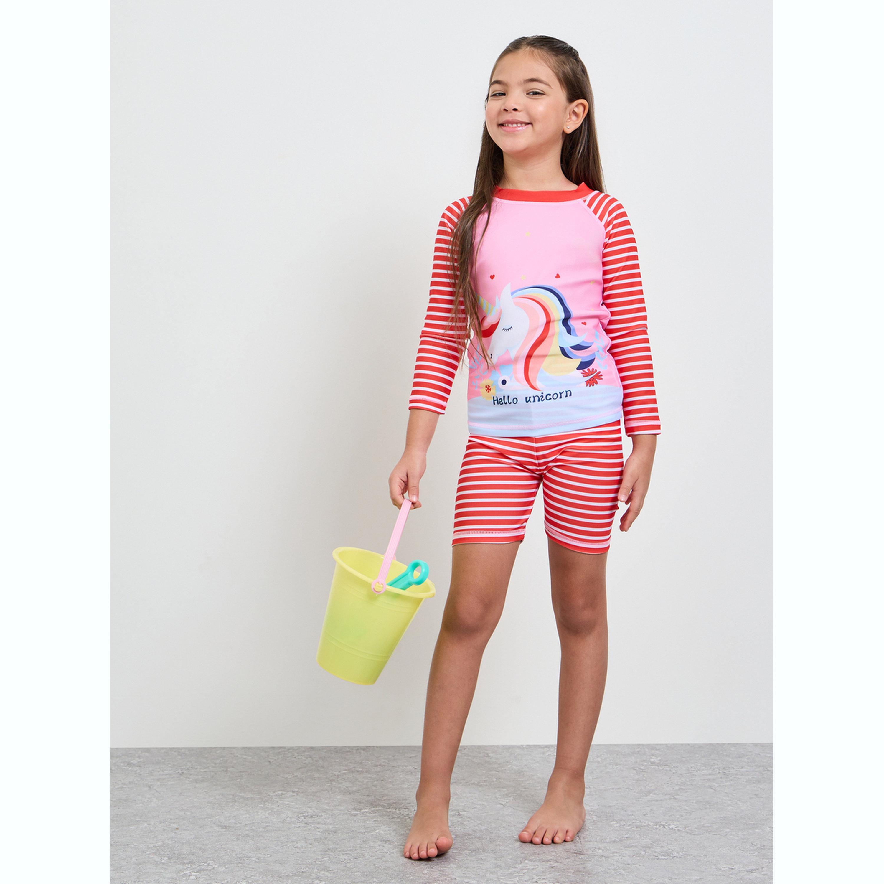 مجموعة من شورت سباحة وتيشيرت مخطط بطبعة جرافيك للبنات-girls-clothing-swimwear-image-2
