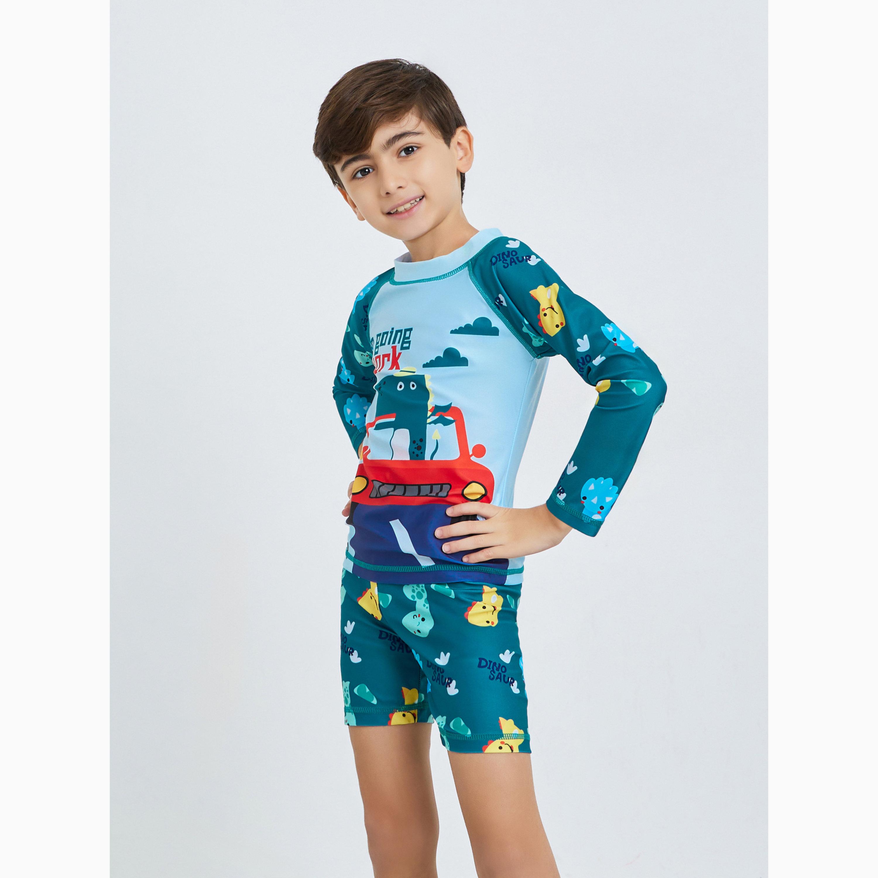 Styli Kids Blue Dinosaur Print Swimsuit Set-boys-clothing-swimwear-image-1