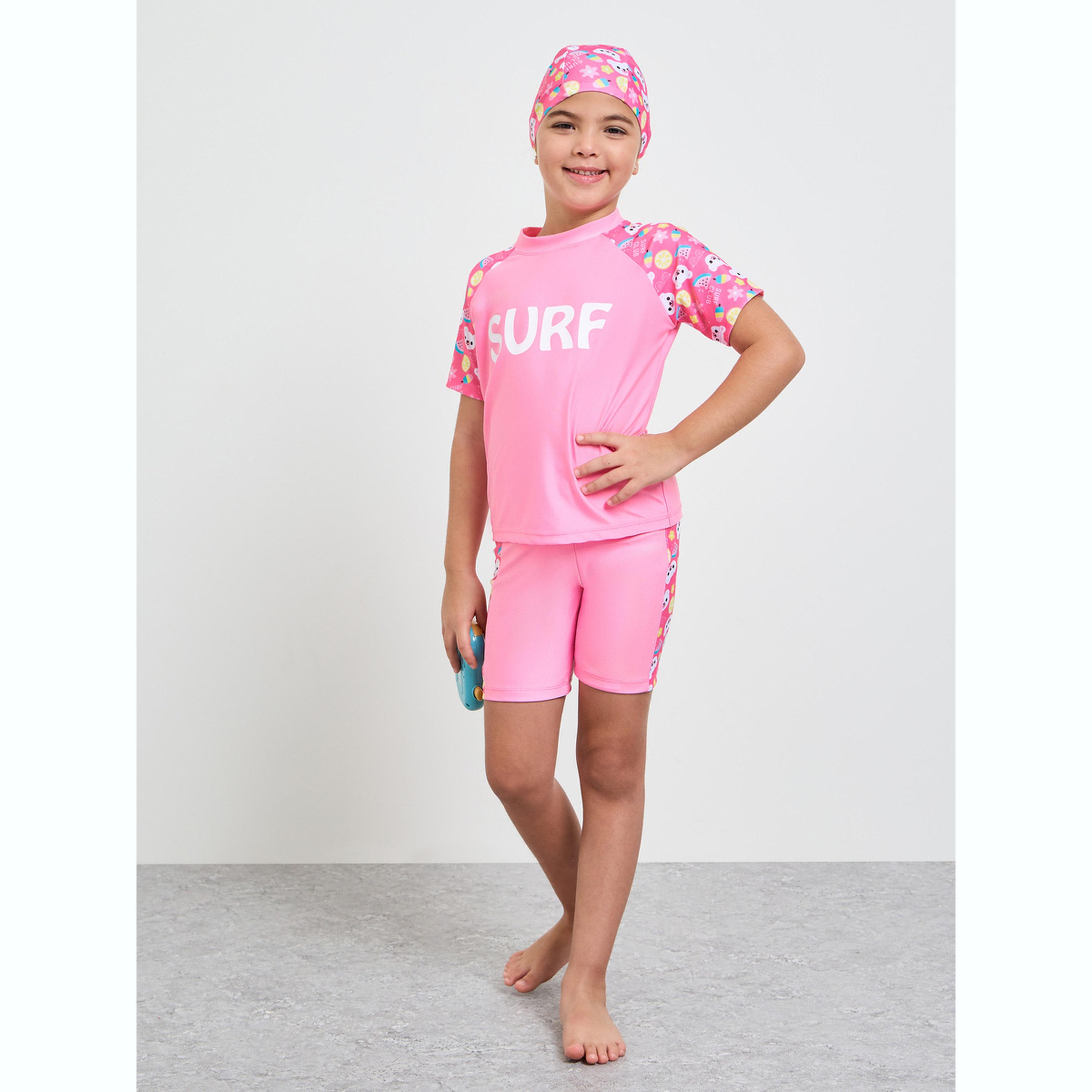Styli Pack of 3 - Printed T-Shirt, Shorts and Cap Swim Set-girls-clothing-swimwear-image-2
