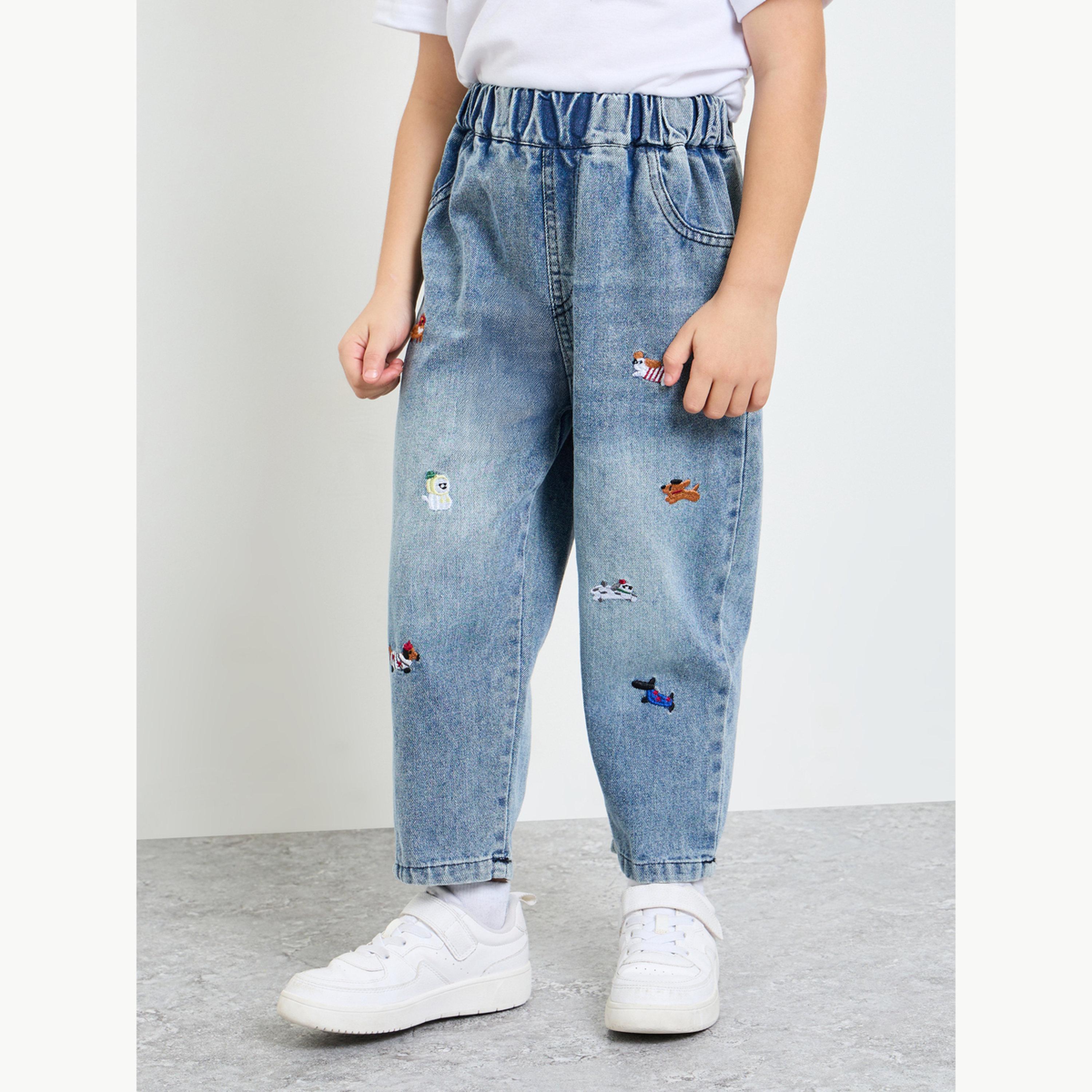 جينز باهت مع تطريز للبنات-girls-clothing-bottoms-jeansandjeggings-image-1